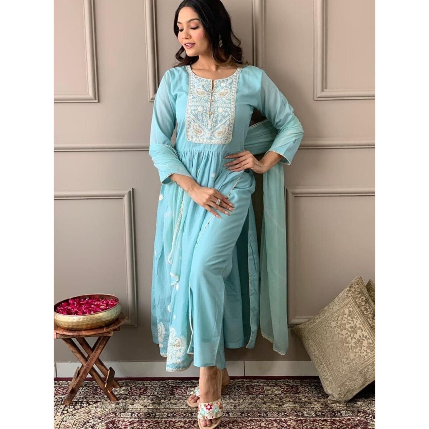 Navlik Women's Sky Chanderi Viscose Embroidered Straight Kurta with Chanderi Viscose Pant and Chinon Dyed Dupatta Sets (NK-S-Ritika)
