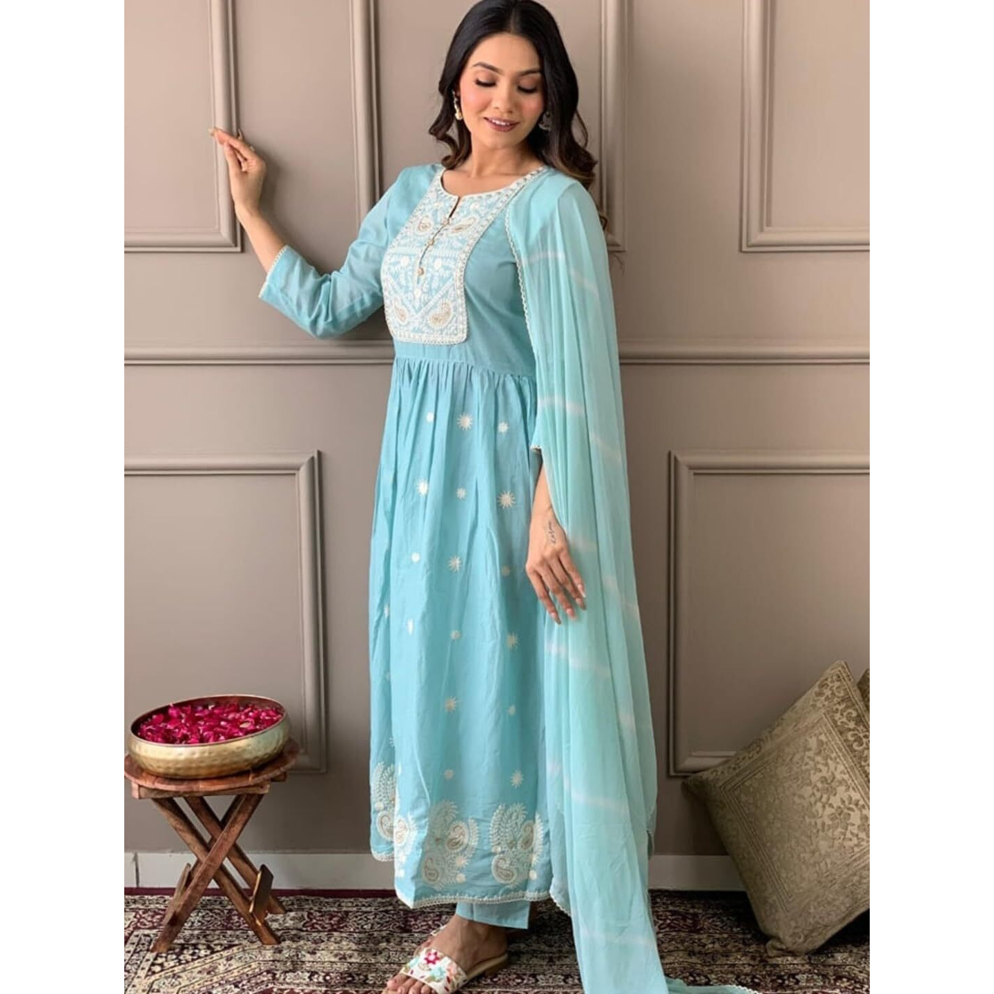 Navlik Women's Sky Chanderi Viscose Embroidered Straight Kurta with Chanderi Viscose Pant and Chinon Dyed Dupatta Sets (NK-S-Ritika)