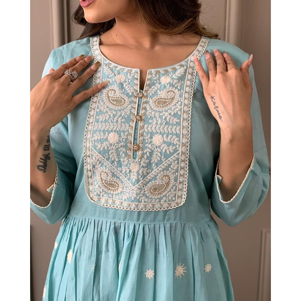 Navlik Women's Sky Chanderi Viscose Embroidered Straight Kurta with Chanderi Viscose Pant and Chinon Dyed Dupatta Sets (NK-S-Ritika)