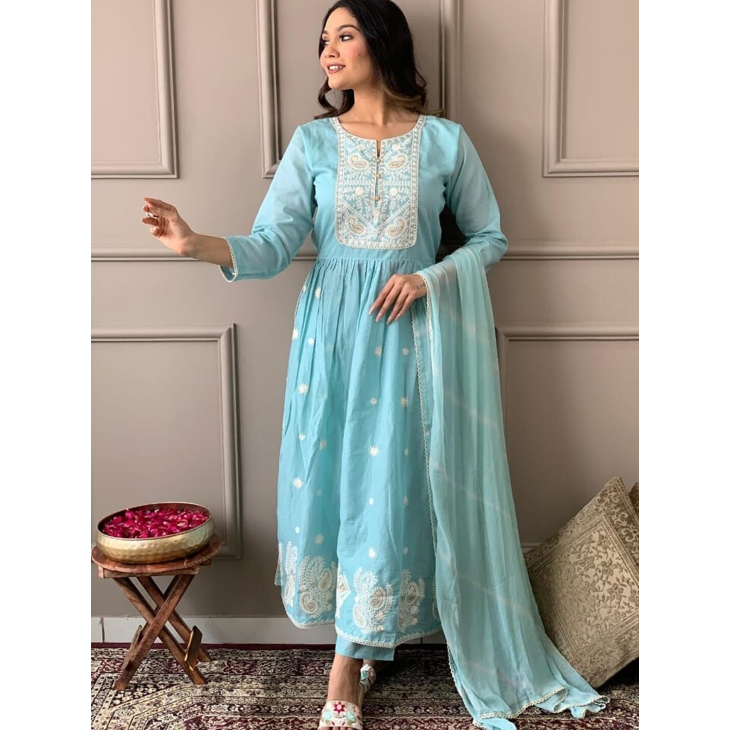 Navlik Women's Sky Chanderi Viscose Embroidered Straight Kurta with Chanderi Viscose Pant and Chinon Dyed Dupatta Sets (NK-S-Ritika)