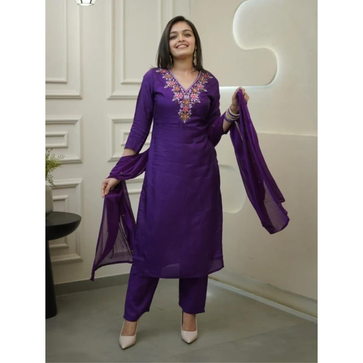 Navlik Women's Vichitra Silk Embroidered Straight Kurta with Pant and Dupatta Sets (S-Riva)