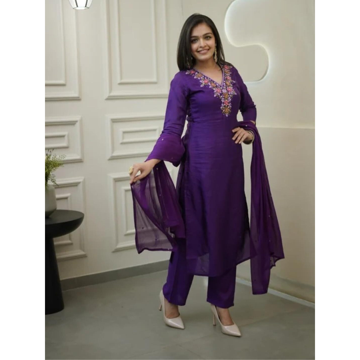 Navlik Women's Vichitra Silk Embroidered Straight Kurta with Pant and Dupatta Sets (S-Riva)