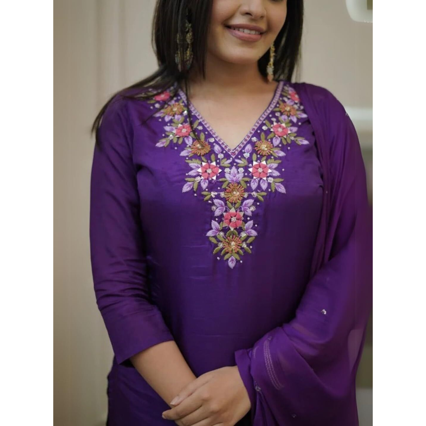 Navlik Women's Vichitra Silk Embroidered Straight Kurta with Pant and Dupatta Sets (S-Riva)