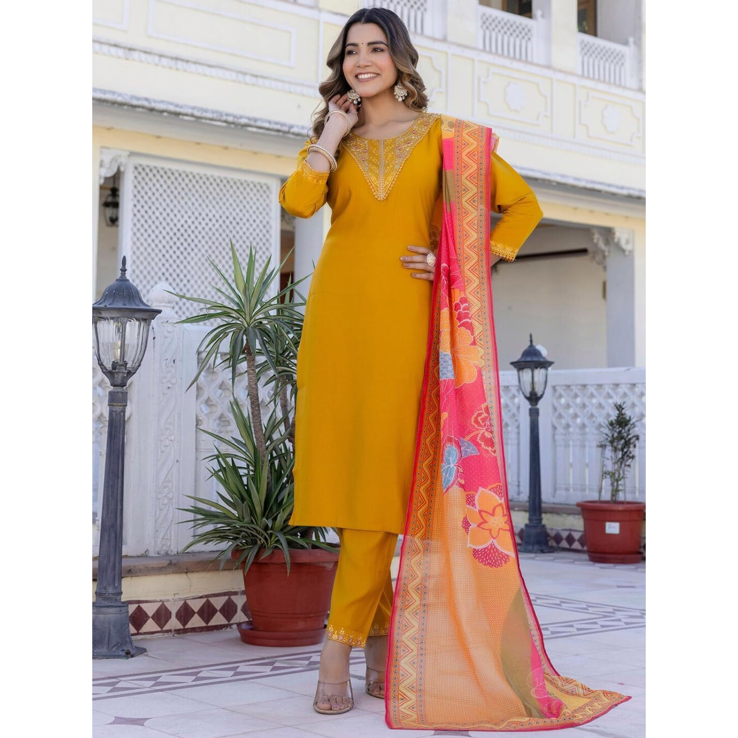Navlik Women's Chanderi Silk Embroidered Straight Kurta with Pant and Dupatta Sets (S-Rose)
