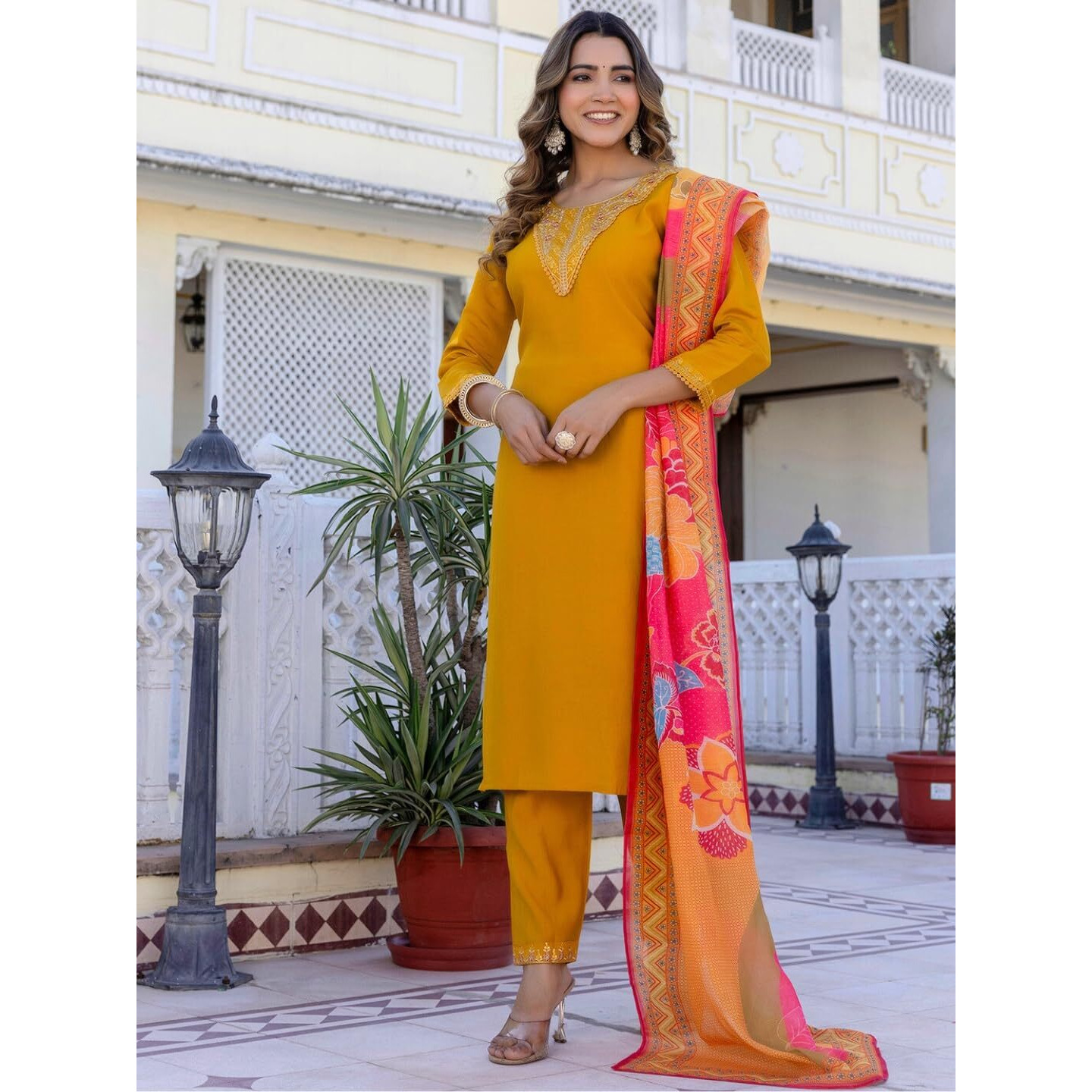 Navlik Women's Chanderi Silk Embroidered Straight Kurta with Pant and Dupatta Sets (S-Rose)