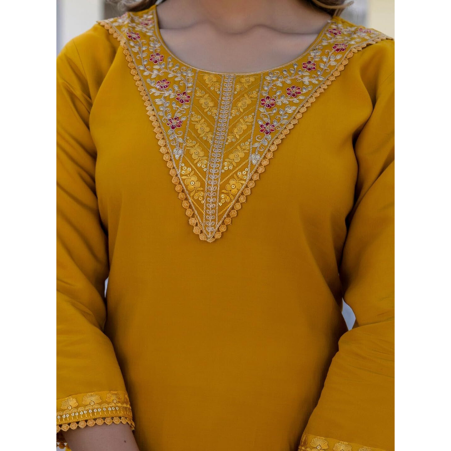 Navlik Women's Chanderi Silk Embroidered Straight Kurta with Pant and Dupatta Sets (S-Rose)
