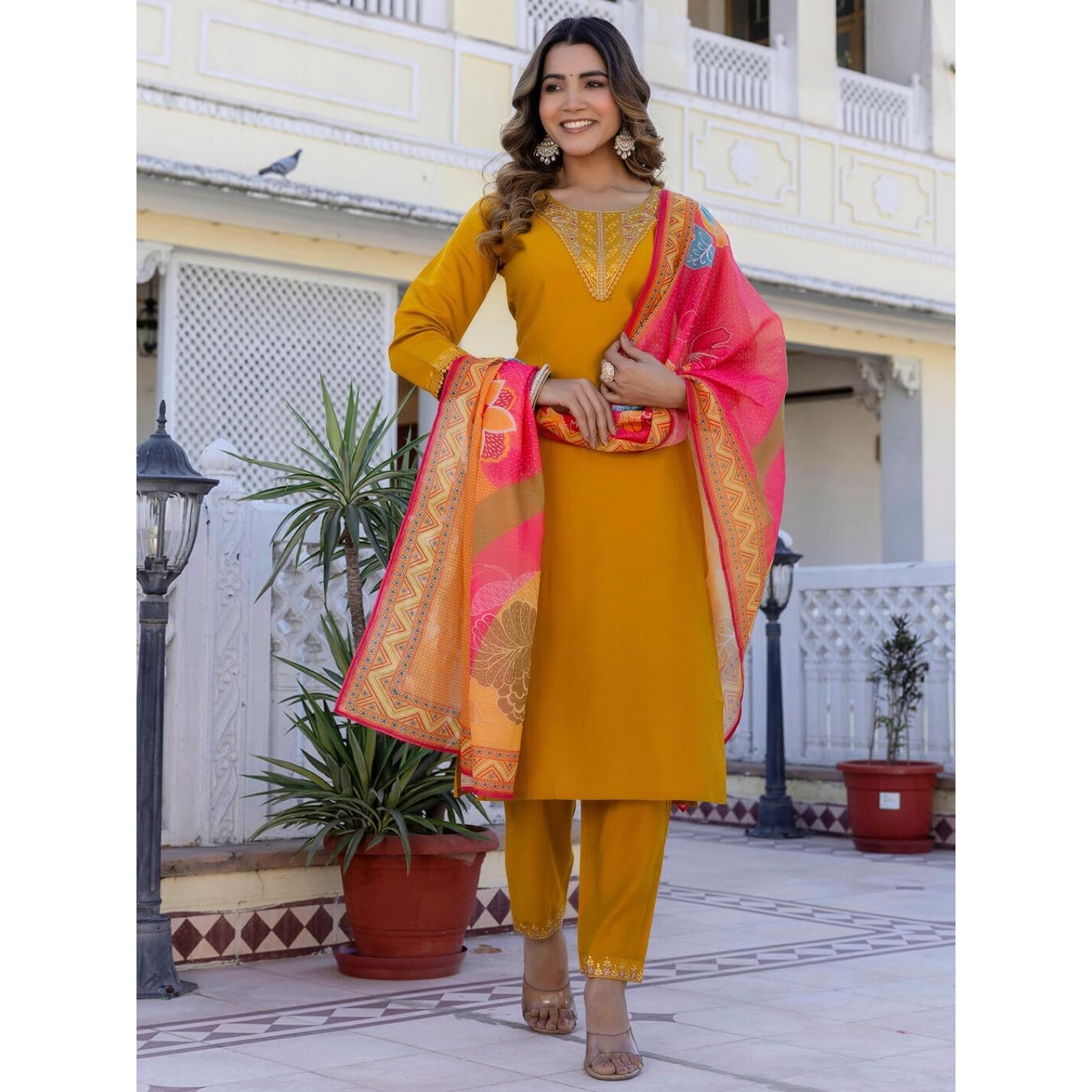 Navlik Women's Chanderi Silk Embroidered Straight Kurta with Pant and Dupatta Sets (S-Rose)
