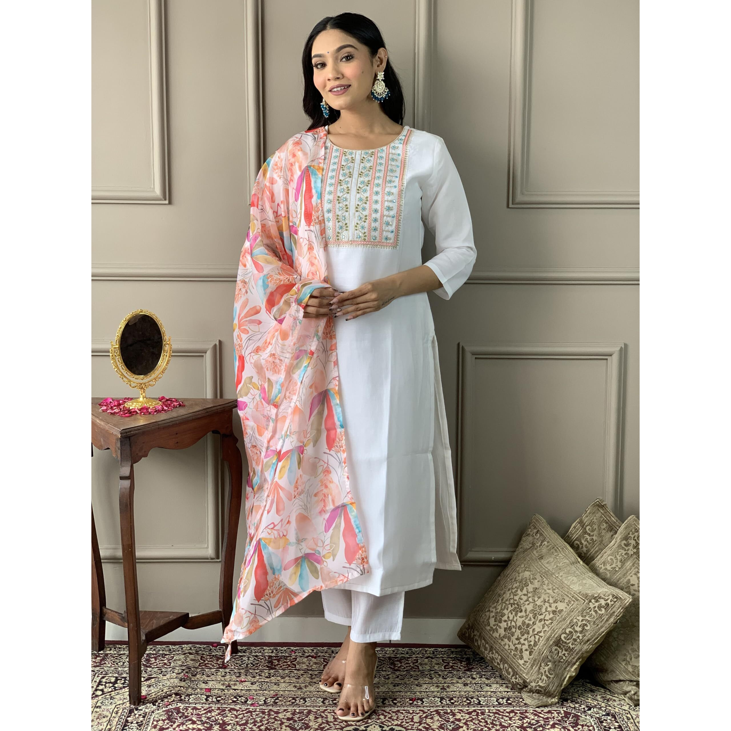 Navlik Women's White Chanderi Embroidered Straight Kurta with Chanderi Pant and Organza Printed Dupatta Sets (NK-SRS-101)