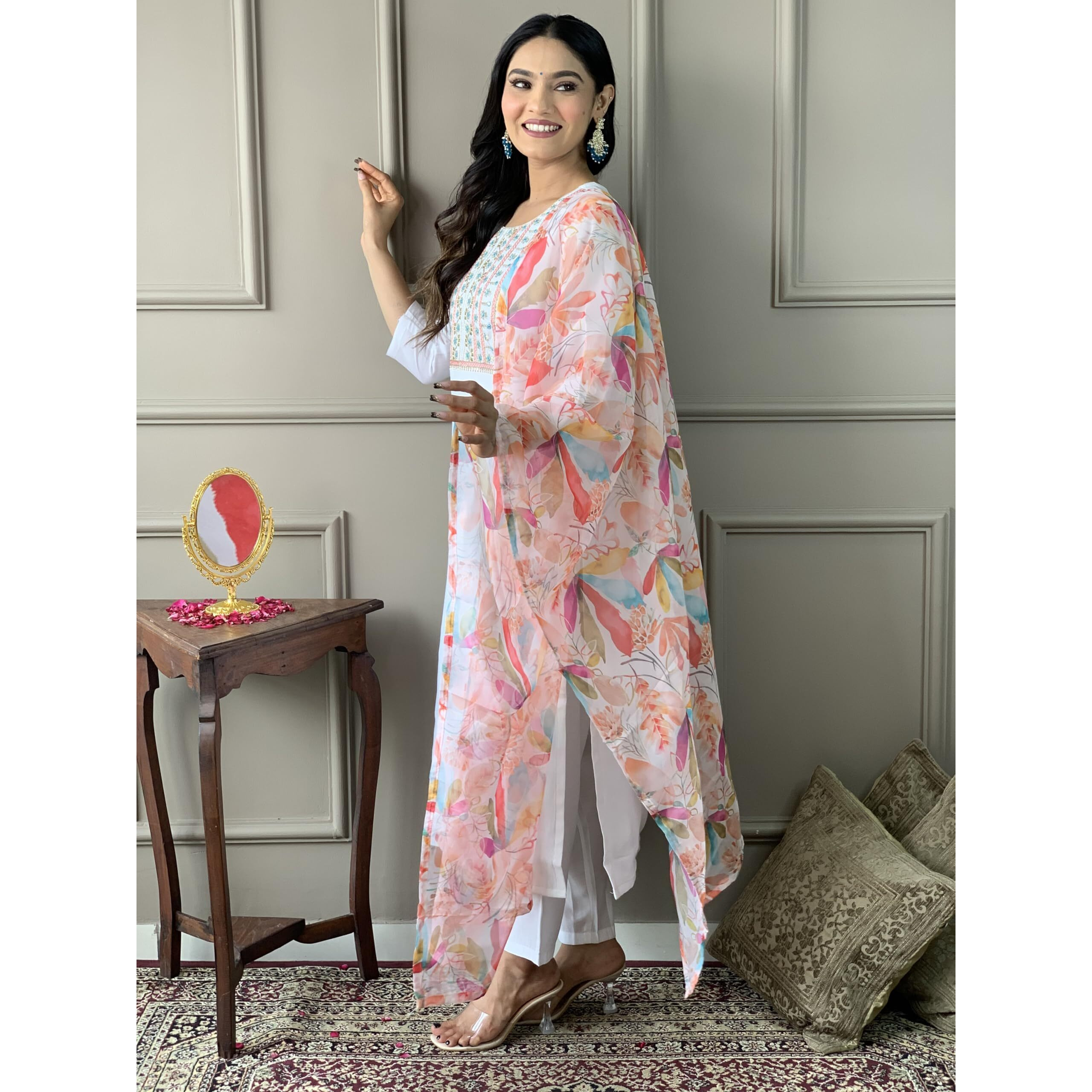 Navlik Women's White Chanderi Embroidered Straight Kurta with Chanderi Pant and Organza Printed Dupatta Sets (NK-SRS-101)