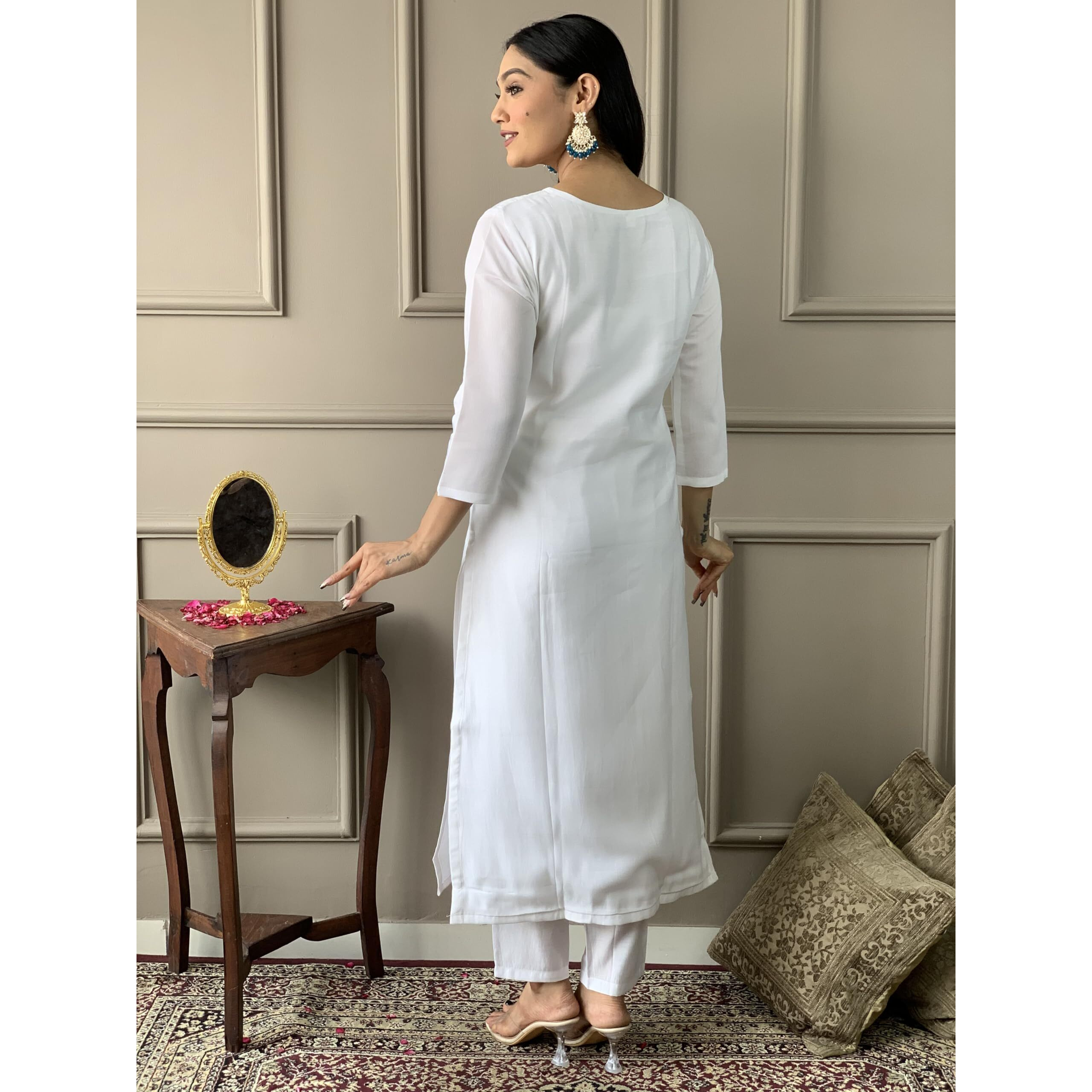 Navlik Women's White Chanderi Embroidered Straight Kurta with Chanderi Pant and Organza Printed Dupatta Sets (NK-SRS-101)