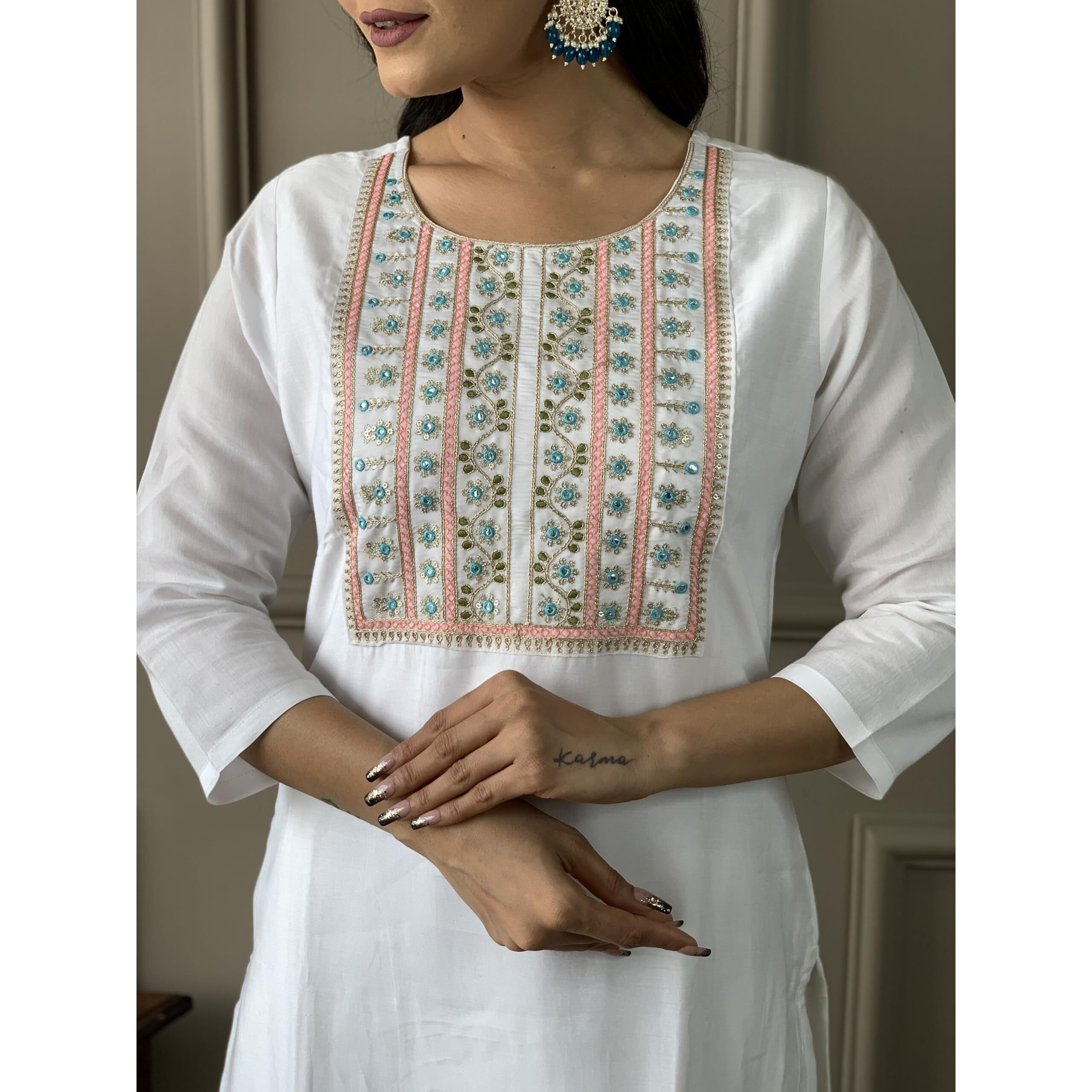 Navlik Women's White Chanderi Embroidered Straight Kurta with Chanderi Pant and Organza Printed Dupatta Sets (NK-SRS-101)