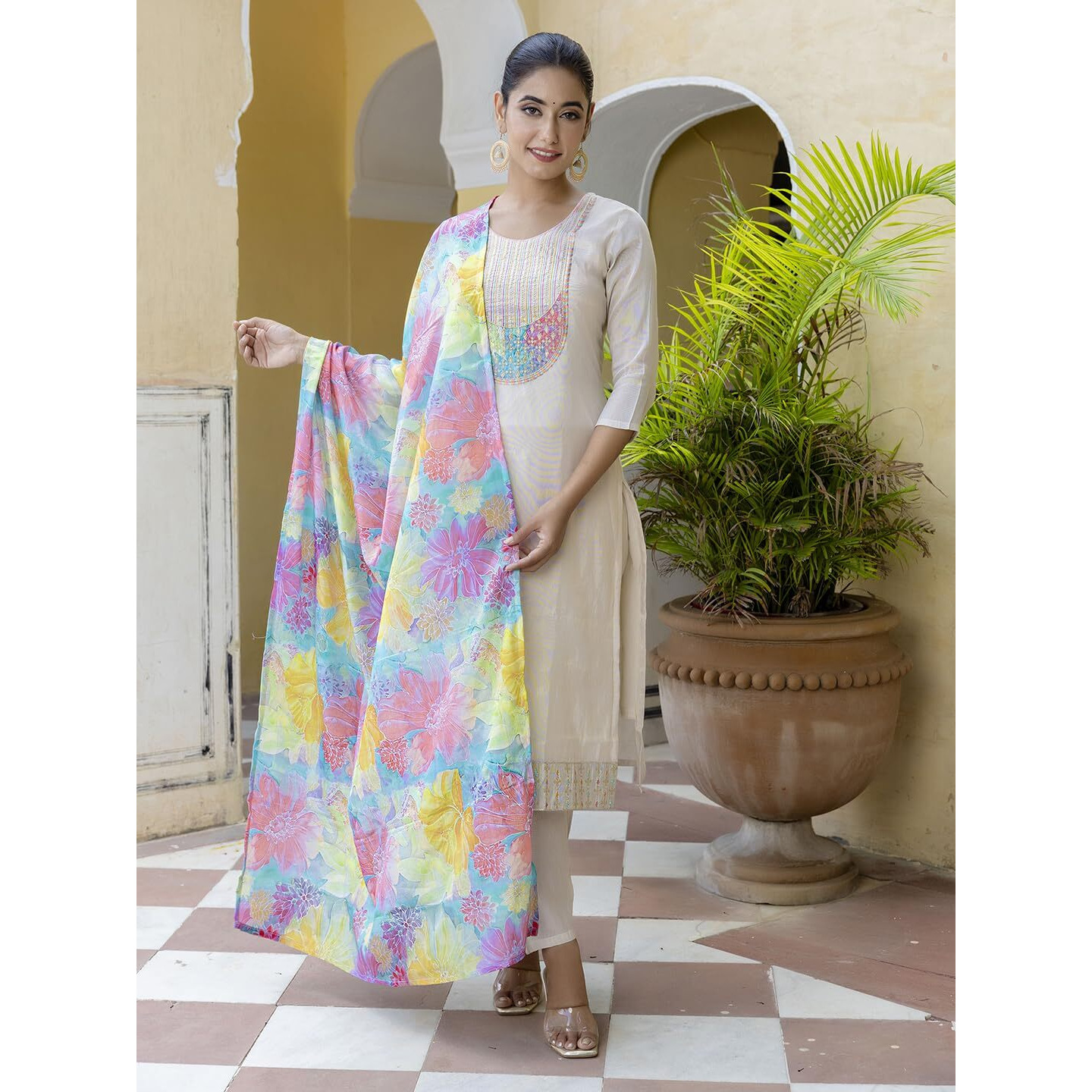 Navlik Women's Simar Embroidered Straight Kurta with Pant and Dupatta Sets (SRS-102)