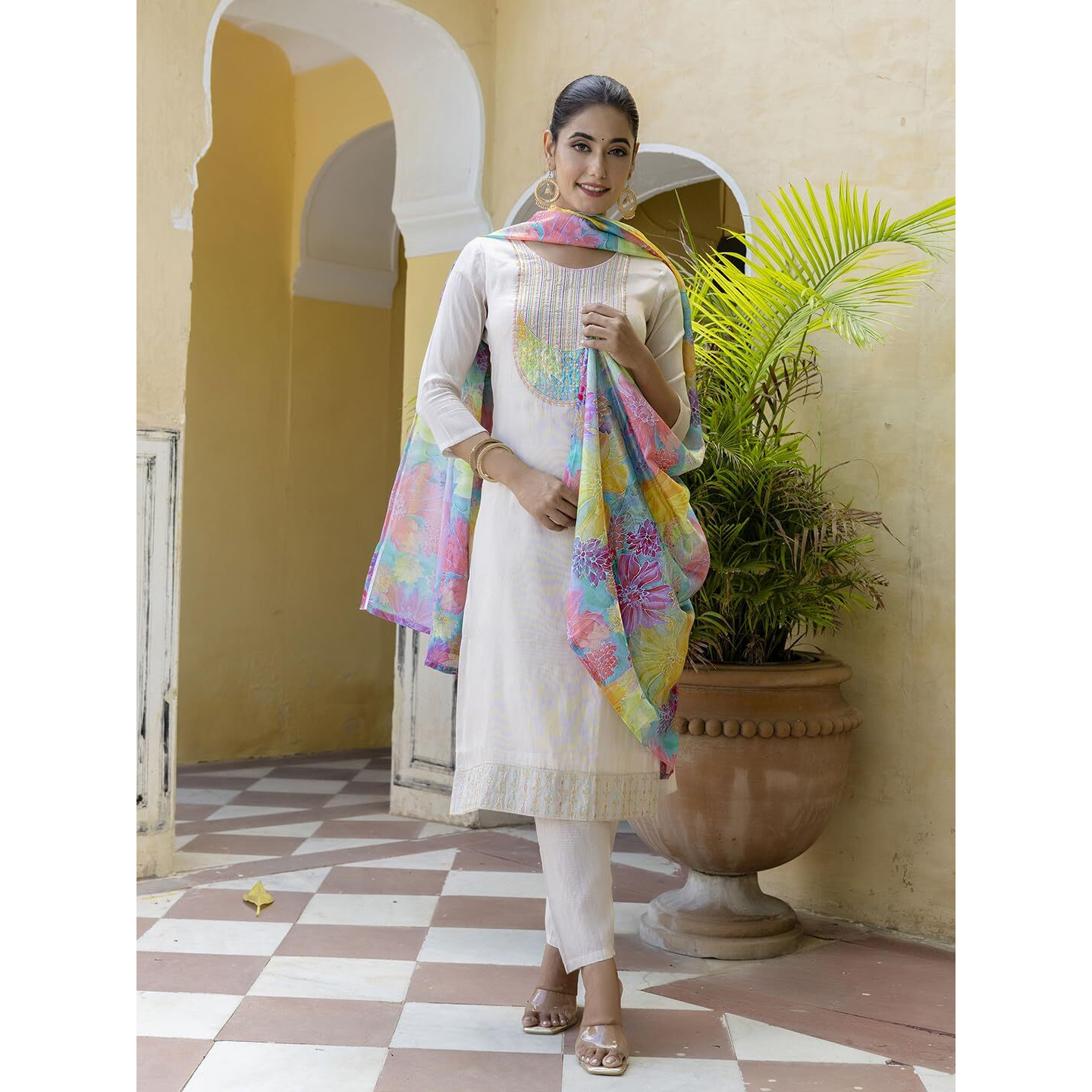 Navlik Women's Simar Embroidered Straight Kurta with Pant and Dupatta Sets (SRS-102)