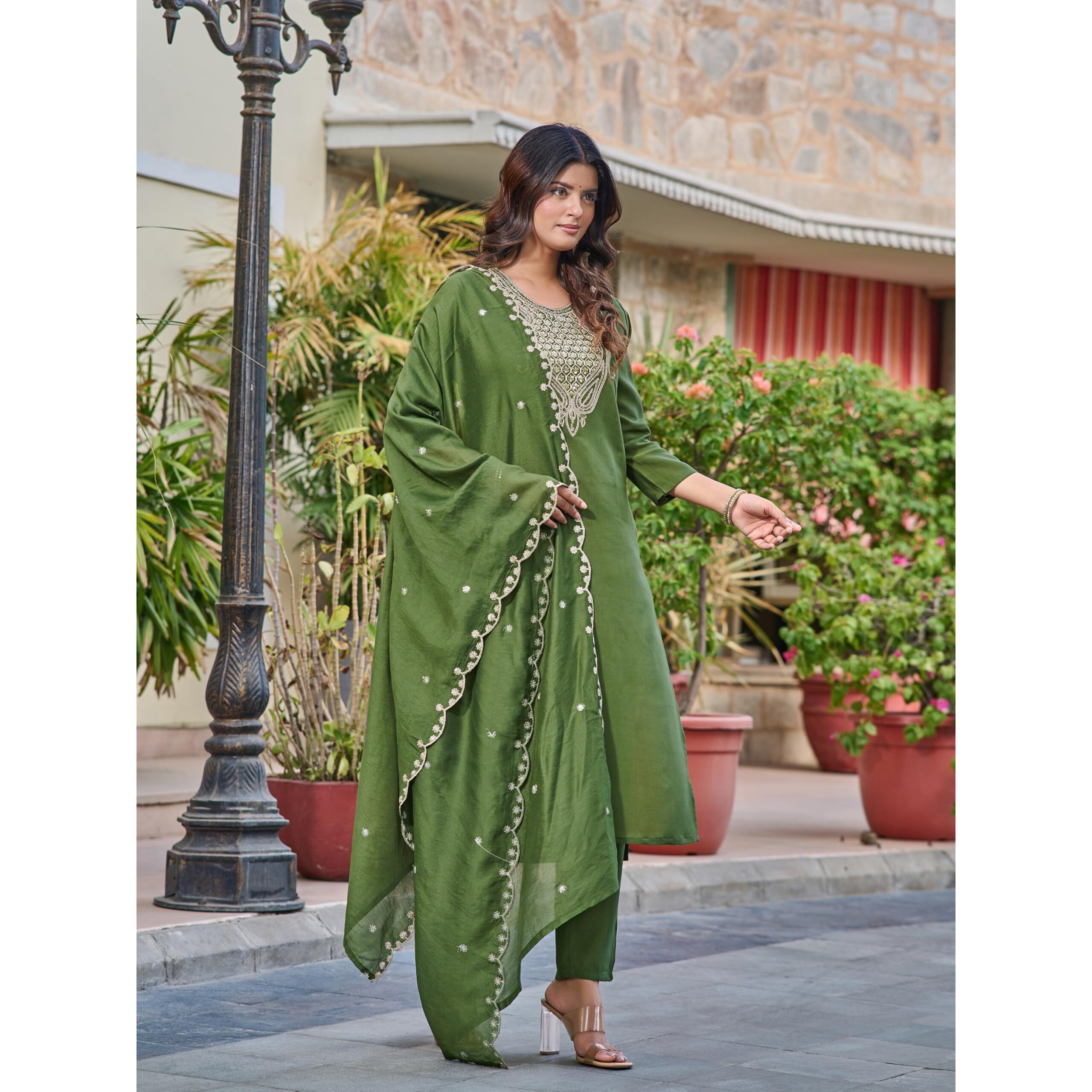 Navlik Women's Mahendi Chanderi Embroidered Straight Kurta with Chanderi Pant and Chanderi Printed Dupatta Sets (NK-SRS-103)