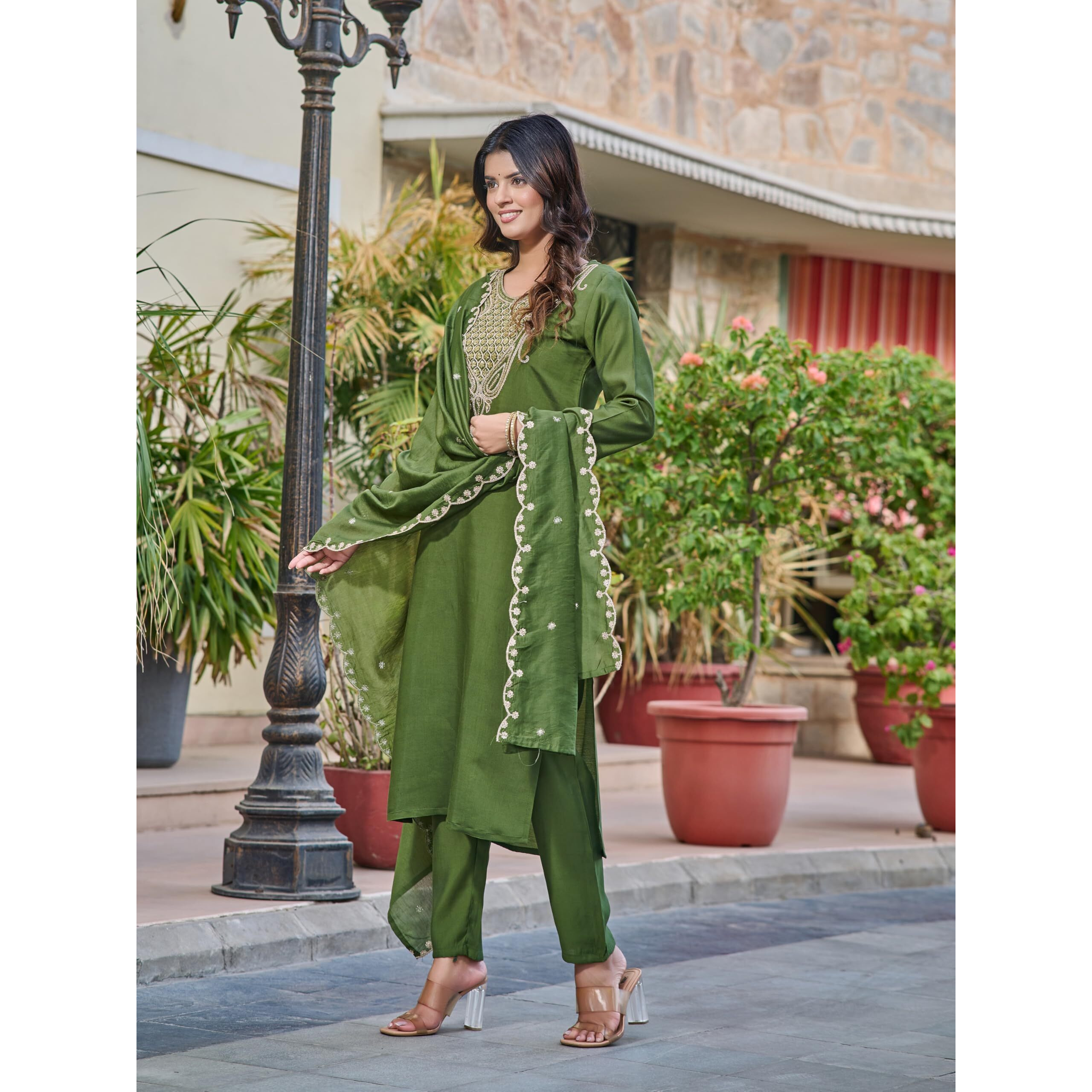 Navlik Women's Mahendi Chanderi Embroidered Straight Kurta with Chanderi Pant and Chanderi Printed Dupatta Sets (NK-SRS-103)