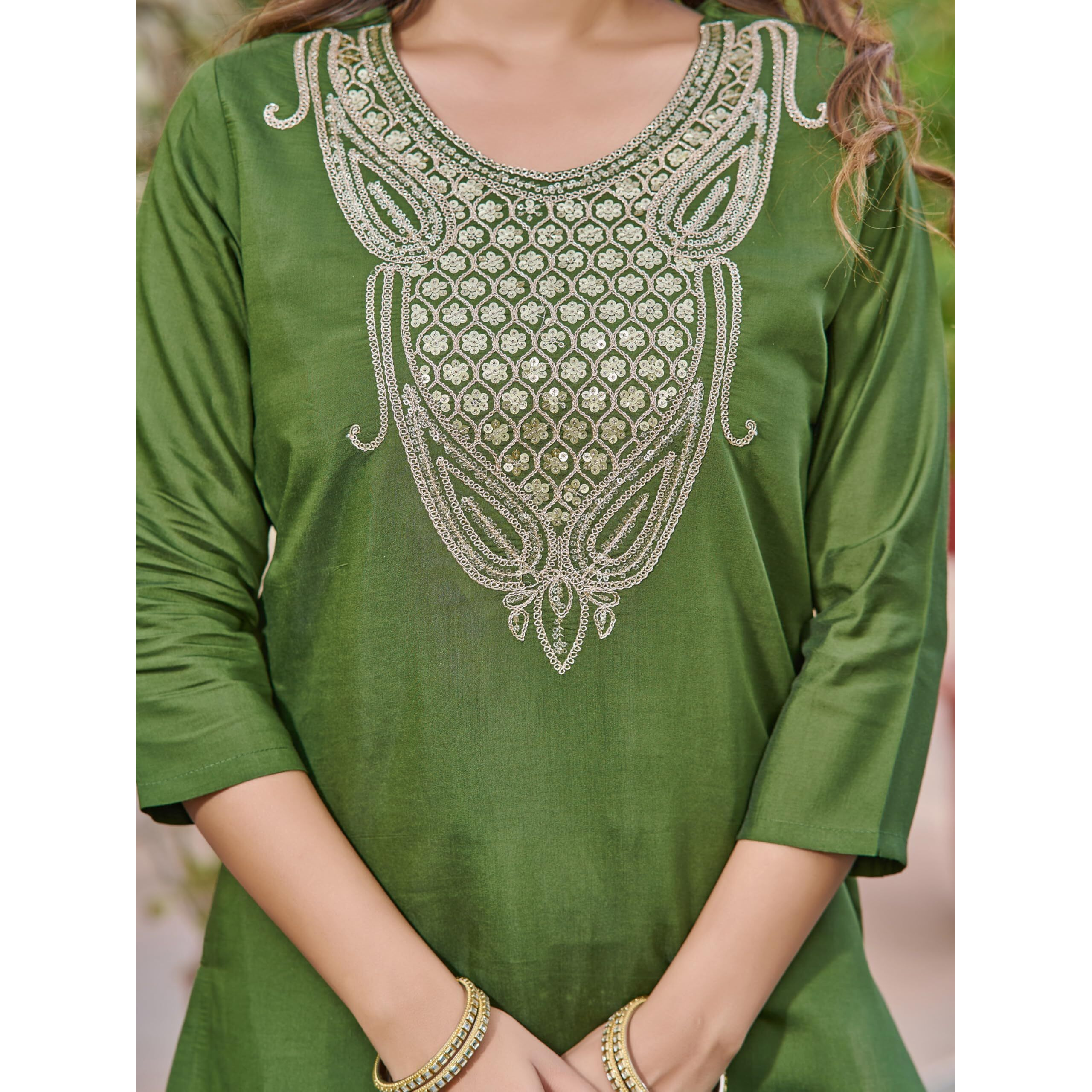 Navlik Women's Mahendi Chanderi Embroidered Straight Kurta with Chanderi Pant and Chanderi Printed Dupatta Sets (NK-SRS-103)