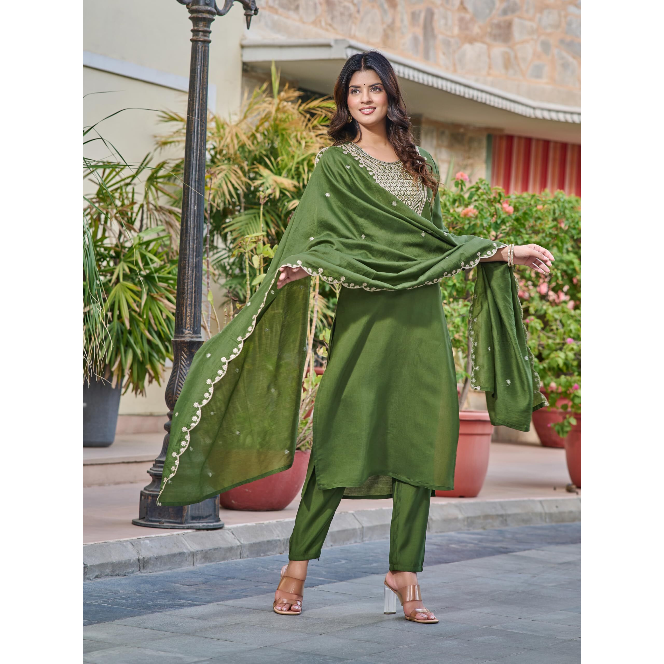 Navlik Women's Mahendi Chanderi Embroidered Straight Kurta with Chanderi Pant and Chanderi Printed Dupatta Sets (NK-SRS-103)