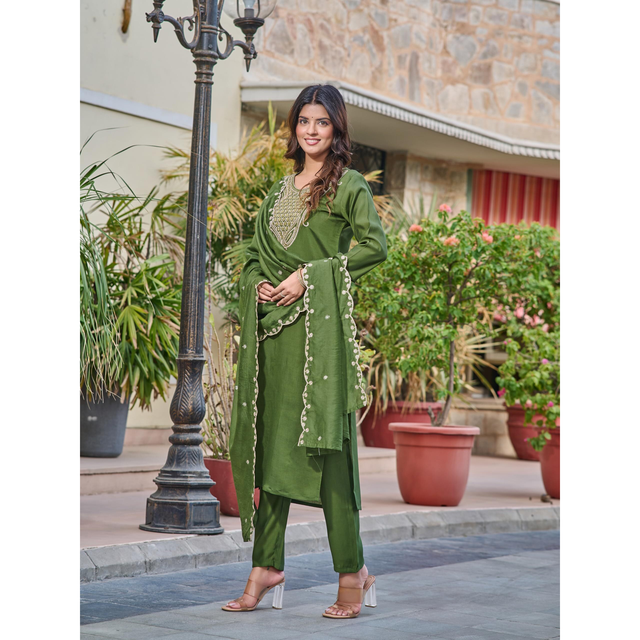 Navlik Women's Mahendi Chanderi Embroidered Straight Kurta with Chanderi Pant and Chanderi Printed Dupatta Sets (NK-SRS-103)