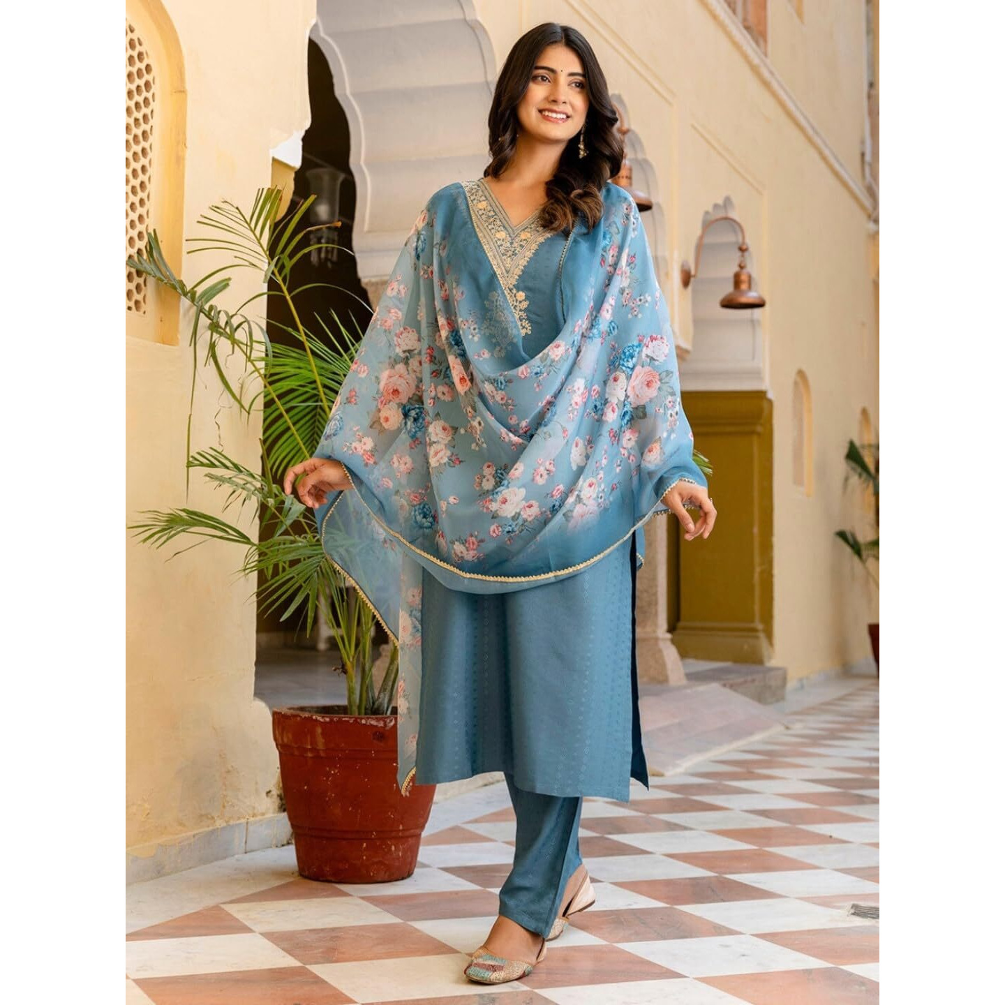 Navlik Women's Firoji Viscose Rayon Embroidered Straight Kurta with Viscose Rayon Pant and Organza Printed Dupatta Sets (NK-SRS-104)