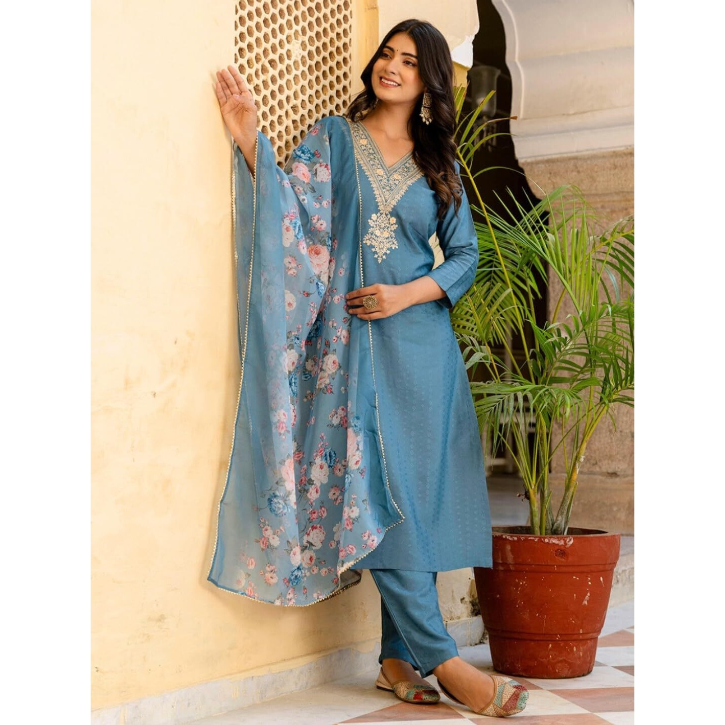 Navlik Women's Firoji Viscose Rayon Embroidered Straight Kurta with Viscose Rayon Pant and Organza Printed Dupatta Sets (NK-SRS-104)