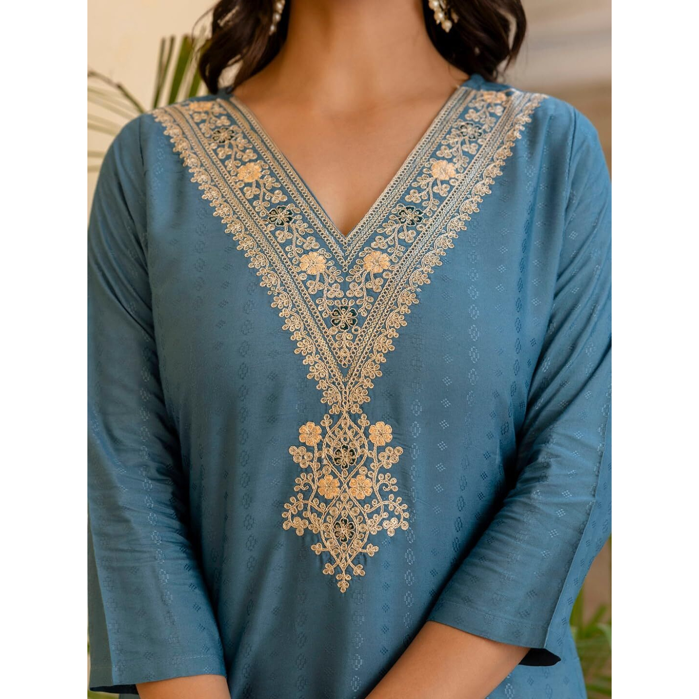 Navlik Women's Firoji Viscose Rayon Embroidered Straight Kurta with Viscose Rayon Pant and Organza Printed Dupatta Sets (NK-SRS-104)