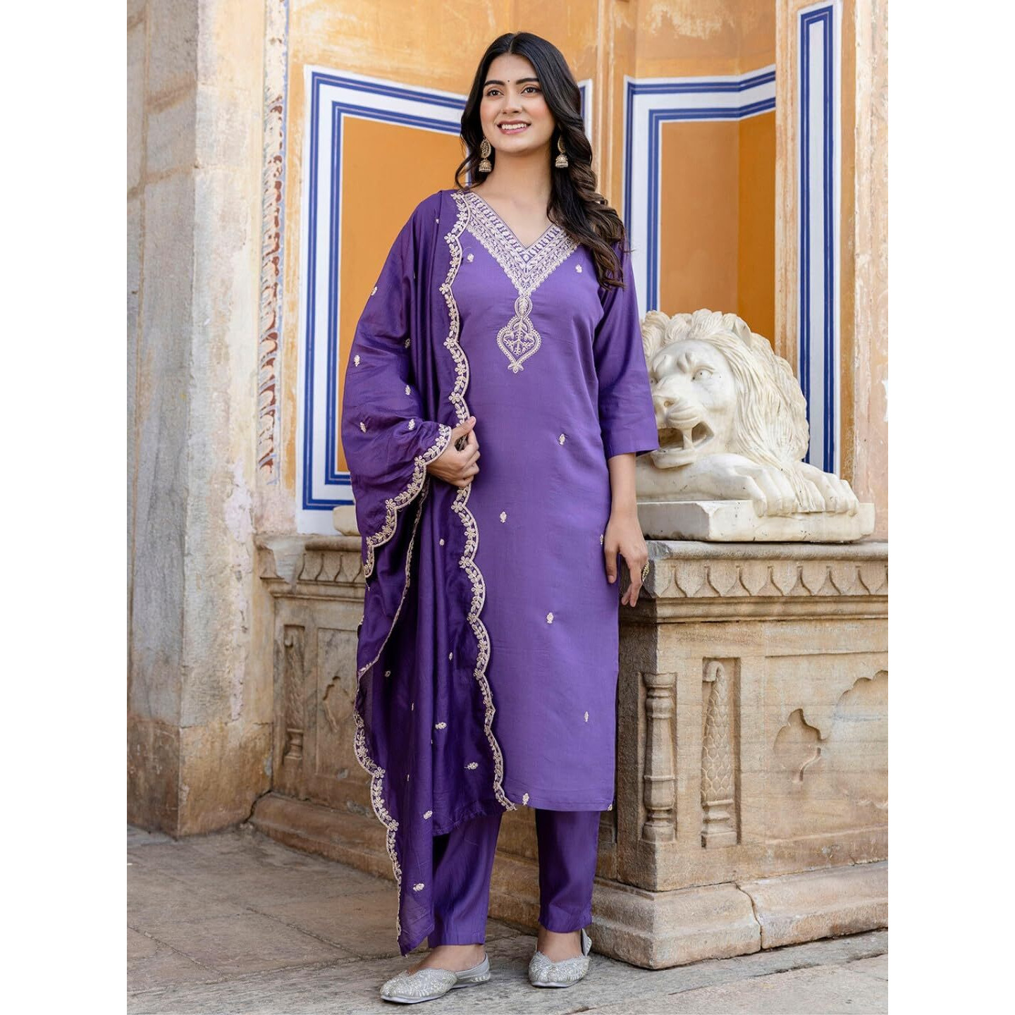 Navlik Women's Levender Chanderi Embroidered Straight Kurta with Chanderi Pant and Organza Embroidered Dupatta Sets (NK-SRS-106)