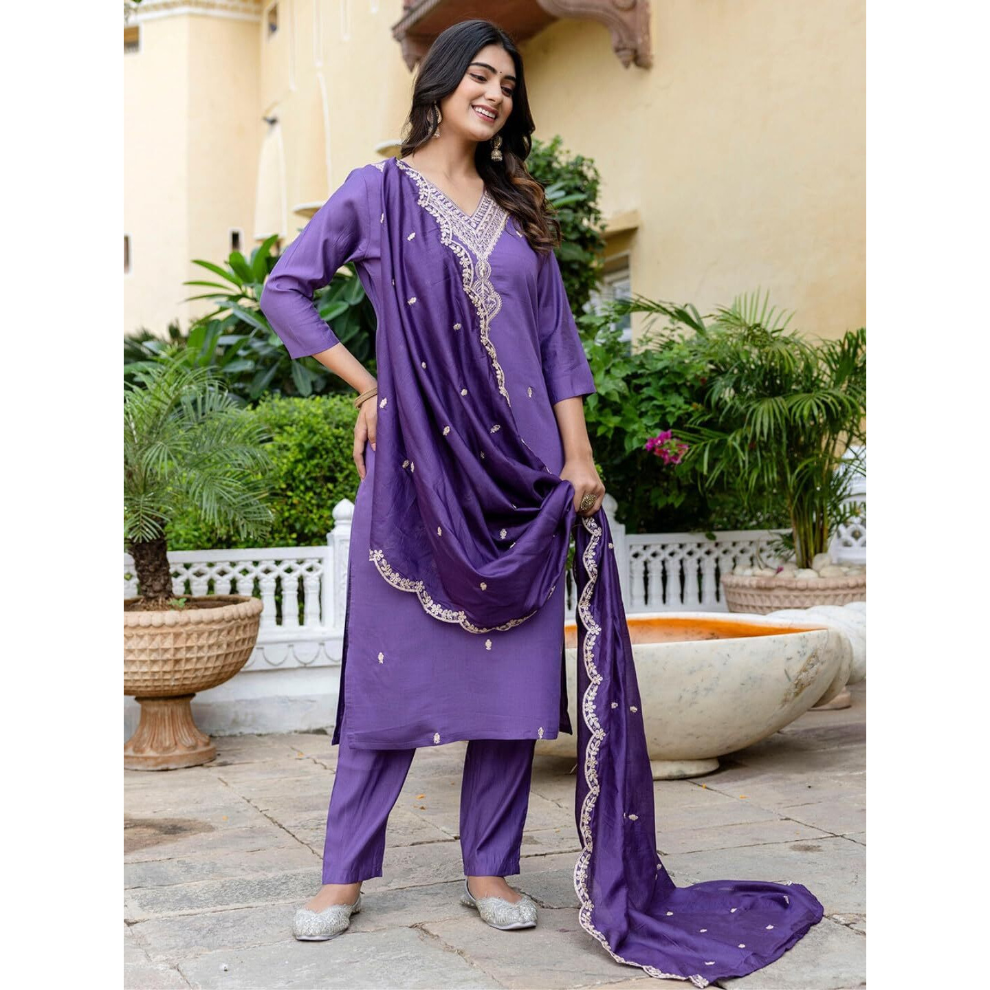 Navlik Women's Levender Chanderi Embroidered Straight Kurta with Chanderi Pant and Organza Embroidered Dupatta Sets (NK-SRS-106)