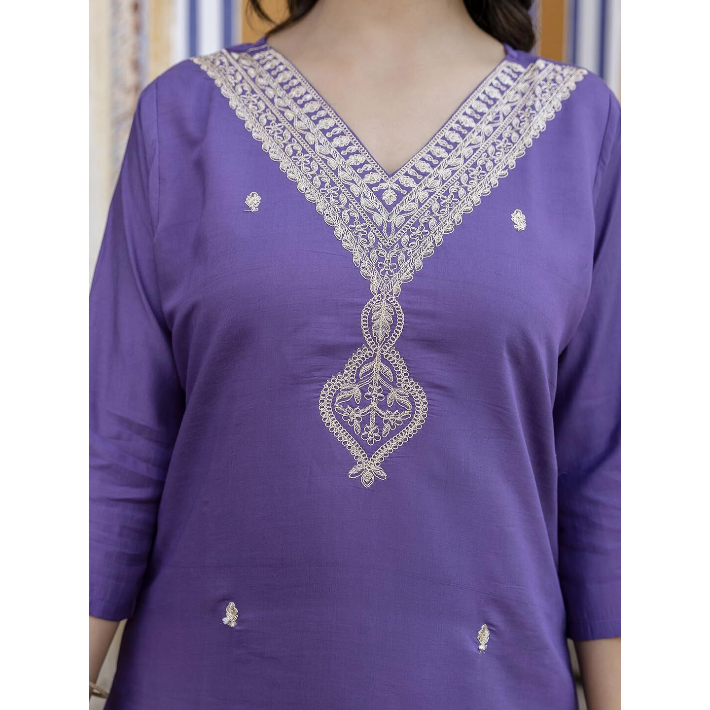 Navlik Women's Levender Chanderi Embroidered Straight Kurta with Chanderi Pant and Organza Embroidered Dupatta Sets (NK-SRS-106)