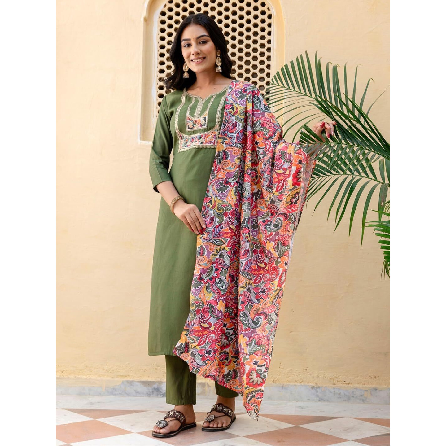 Navlik Women's Mahendi Chanderi Embroidered Straight Kurta with Chanderi Pant and French Crepe Printed Dupatta Sets (NK-SRS-107)