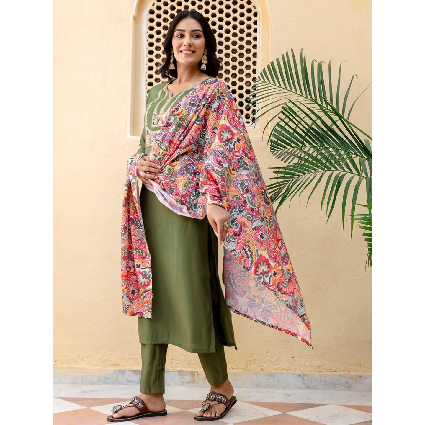 Navlik Women's Mahendi Chanderi Embroidered Straight Kurta with Chanderi Pant and French Crepe Printed Dupatta Sets (NK-SRS-107)