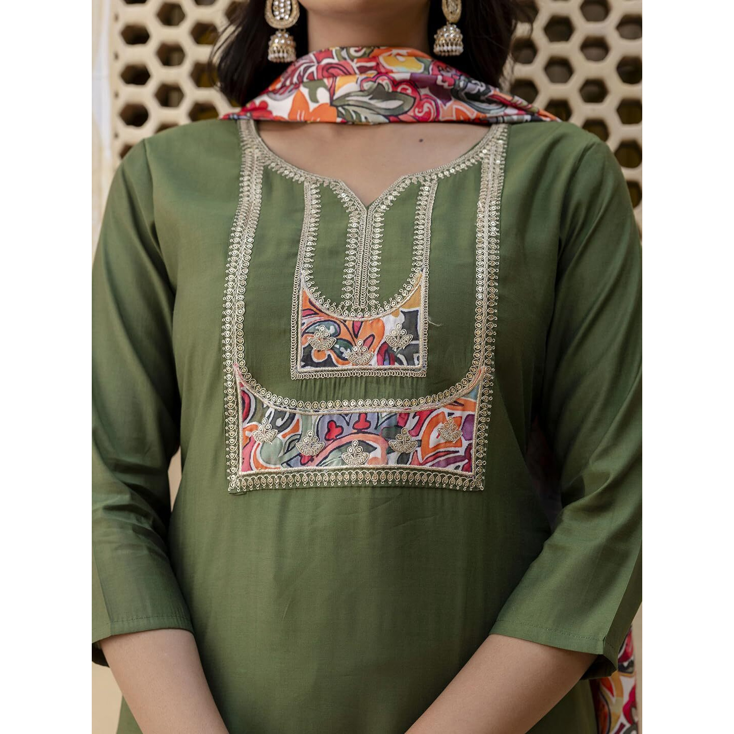 Navlik Women's Mahendi Chanderi Embroidered Straight Kurta with Chanderi Pant and French Crepe Printed Dupatta Sets (NK-SRS-107)