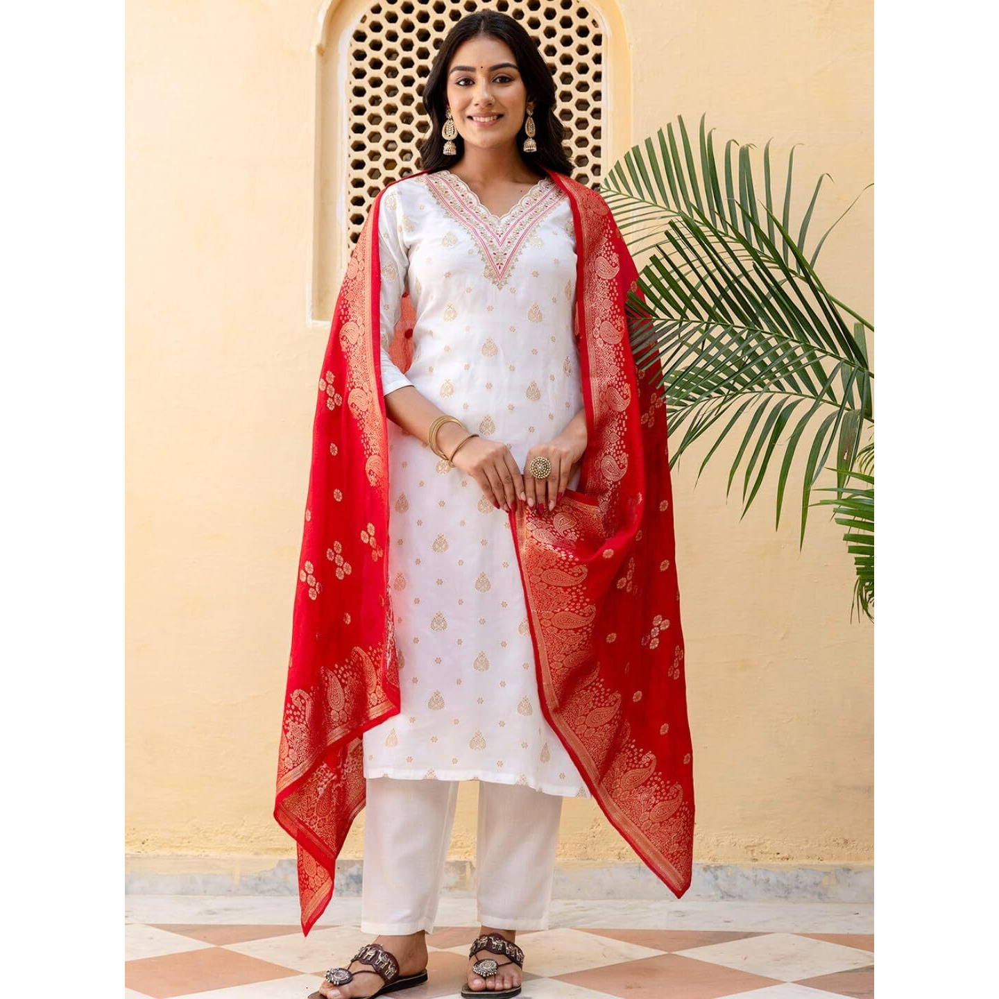 Navlik Women's White Jacquard Viscose Embroidered Straight Kurta with Gadhwal Pant and Jacquard Silk Jacquard Dupatta Sets (NK-SRS-108)