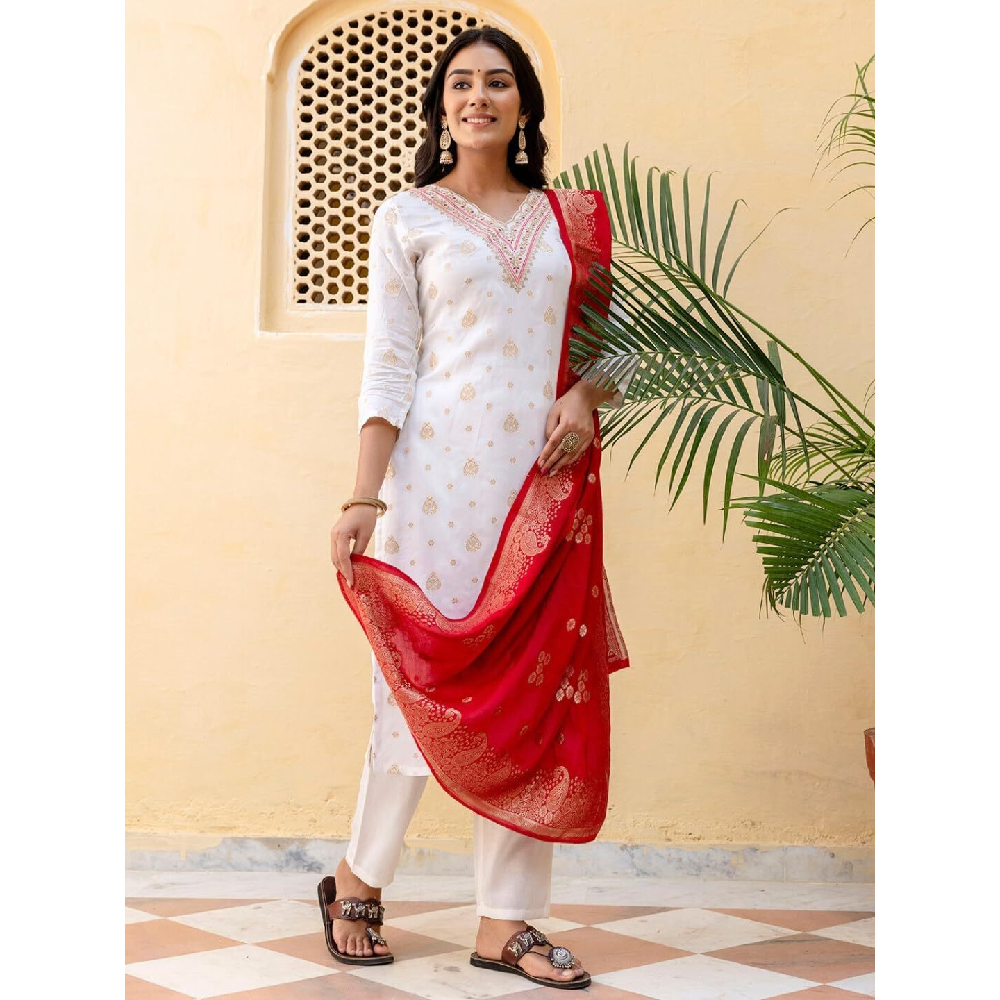 Navlik Women's White Jacquard Viscose Embroidered Straight Kurta with Gadhwal Pant and Jacquard Silk Jacquard Dupatta Sets (NK-SRS-108)