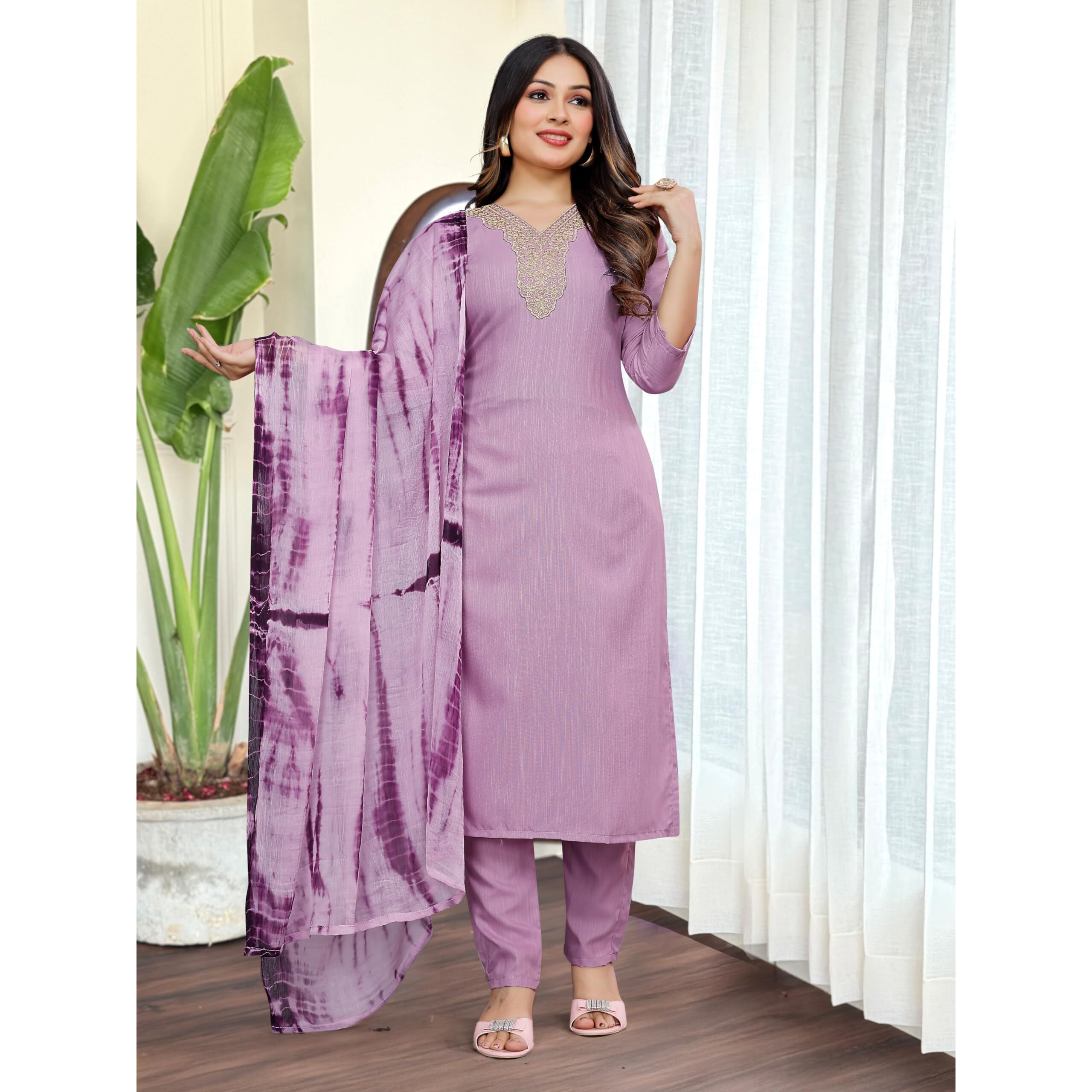 Navlik Women's Lemon Yellow Slub Magic Embroidered Straight Kurta with Slub Magic Pant and Nazneen Dyed Dupatta Sets (NK-SRS-109)