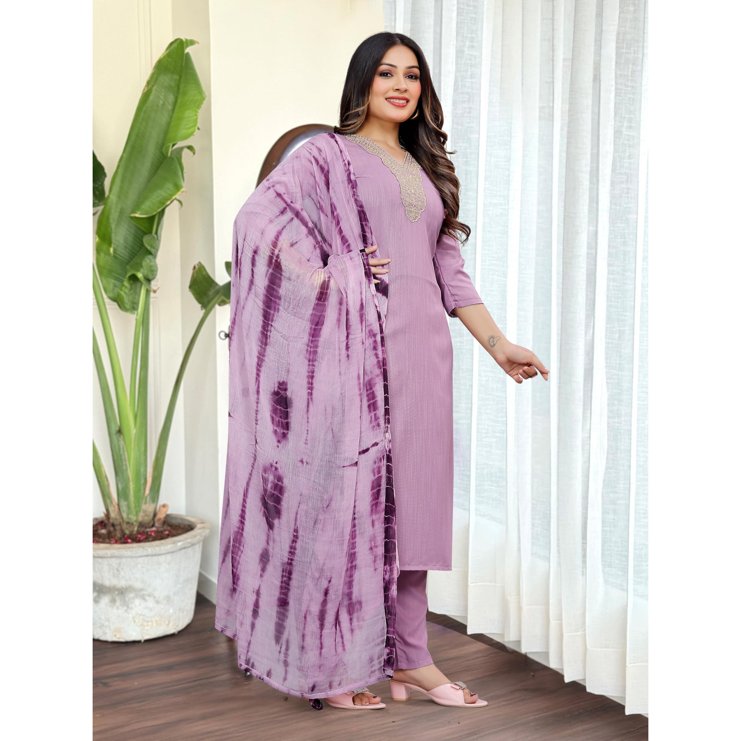 Navlik Women's Lemon Yellow Slub Magic Embroidered Straight Kurta with Slub Magic Pant and Nazneen Dyed Dupatta Sets (NK-SRS-109)