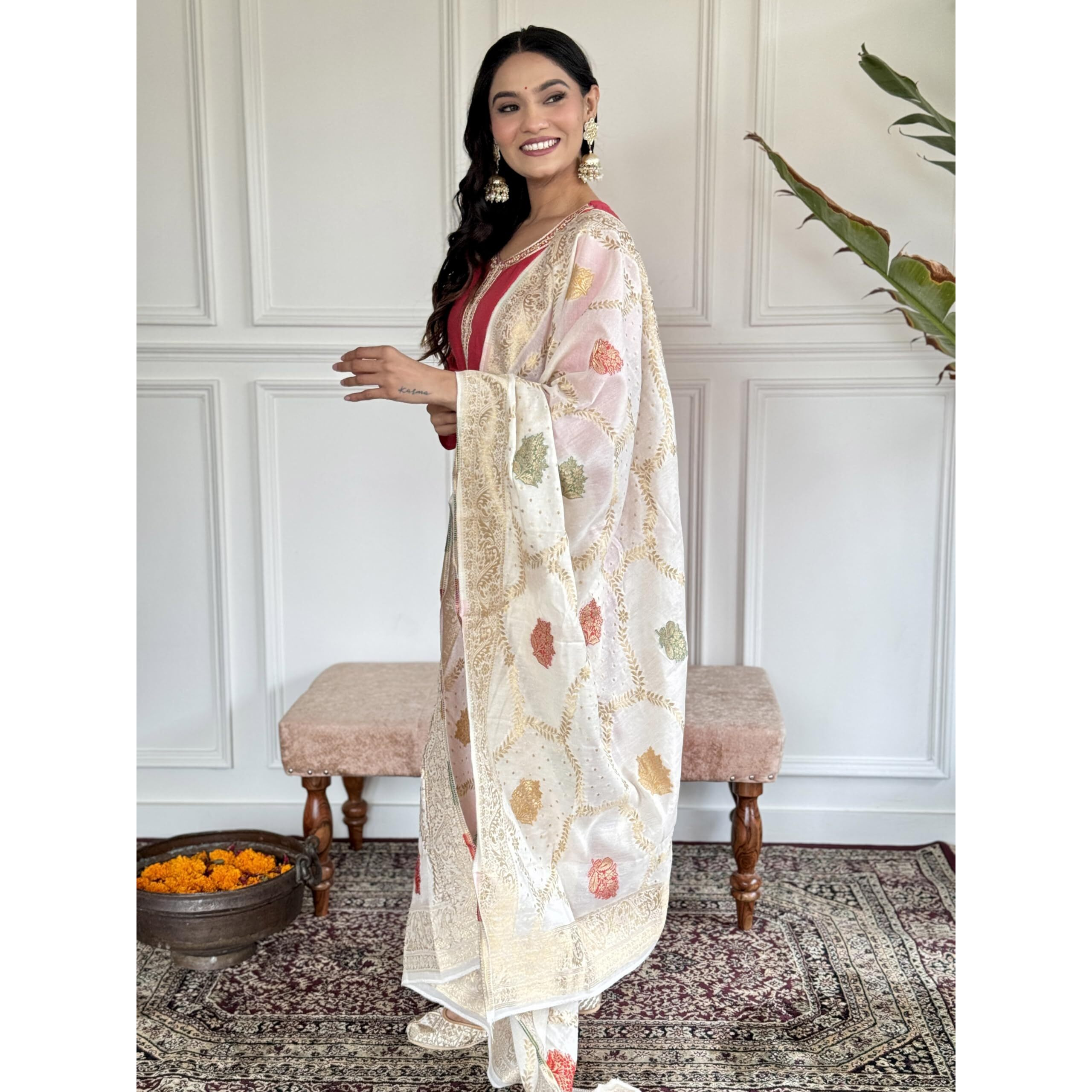 Navlik Women's Gajri Chanderi Embroidered Straight Kurta with Chanderi Pant and Silk Jacquard Dupatta Sets (NK-SRS-110)
