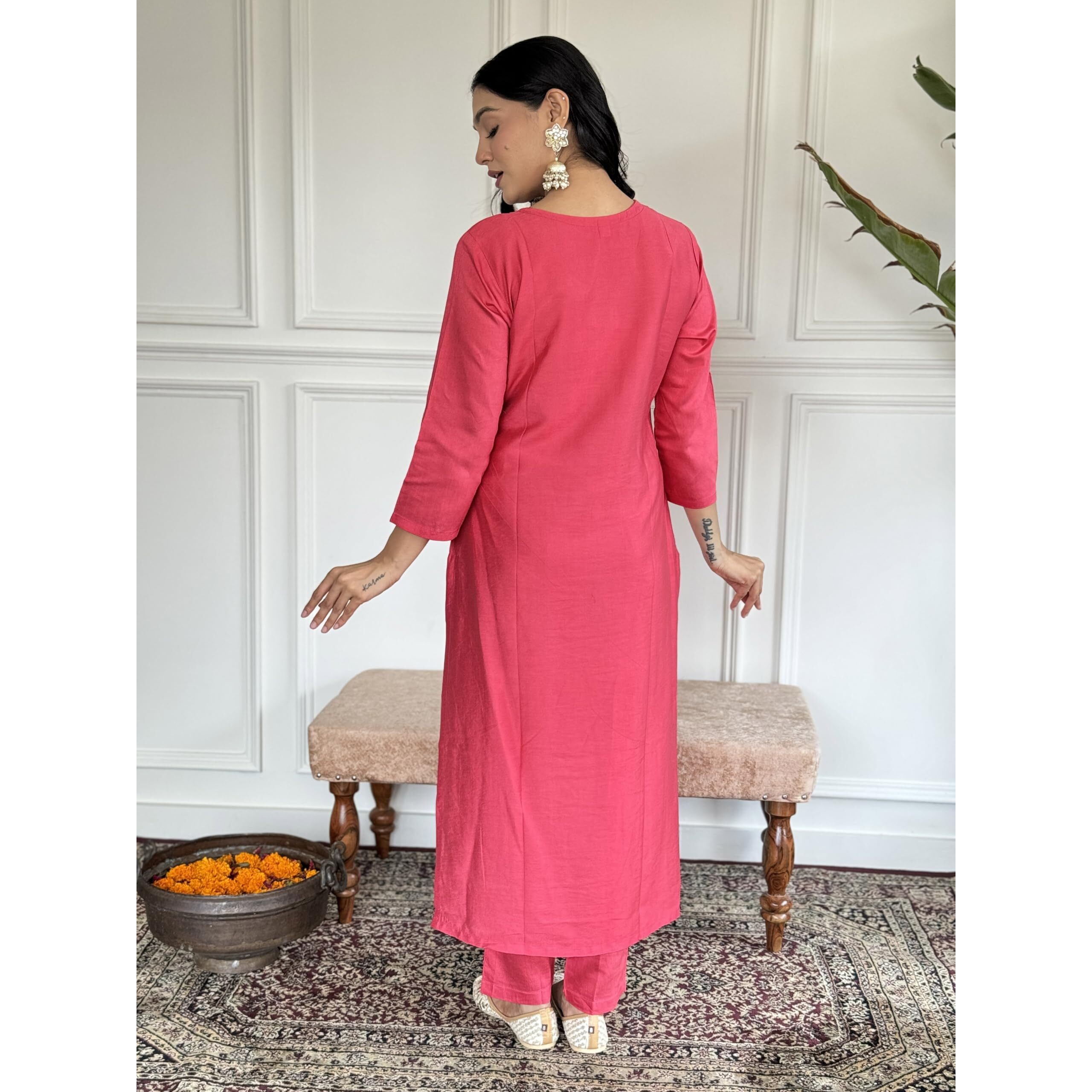 Navlik Women's Gajri Chanderi Embroidered Straight Kurta with Chanderi Pant and Silk Jacquard Dupatta Sets (NK-SRS-110)