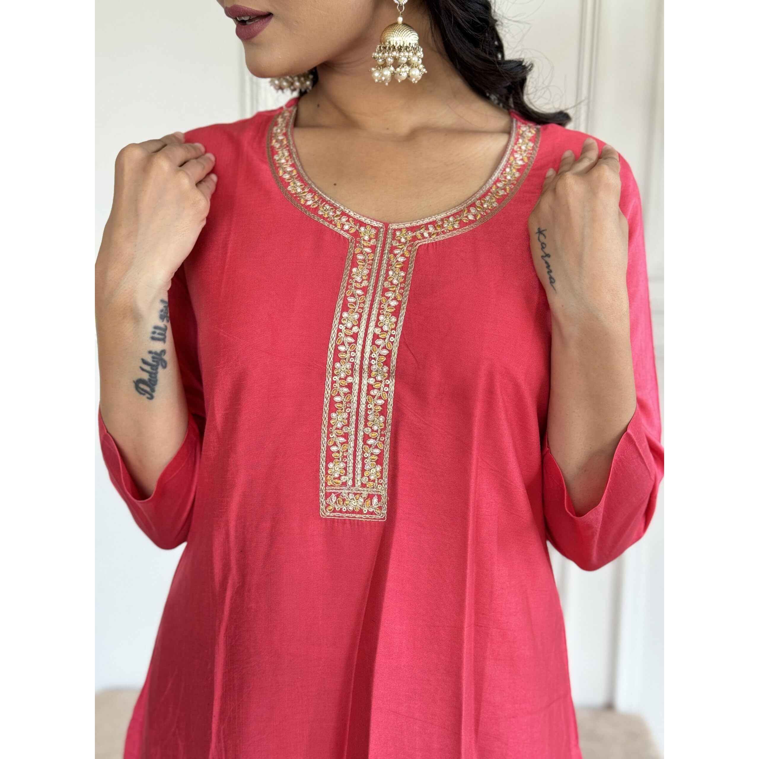 Navlik Women's Gajri Chanderi Embroidered Straight Kurta with Chanderi Pant and Silk Jacquard Dupatta Sets (NK-SRS-110)