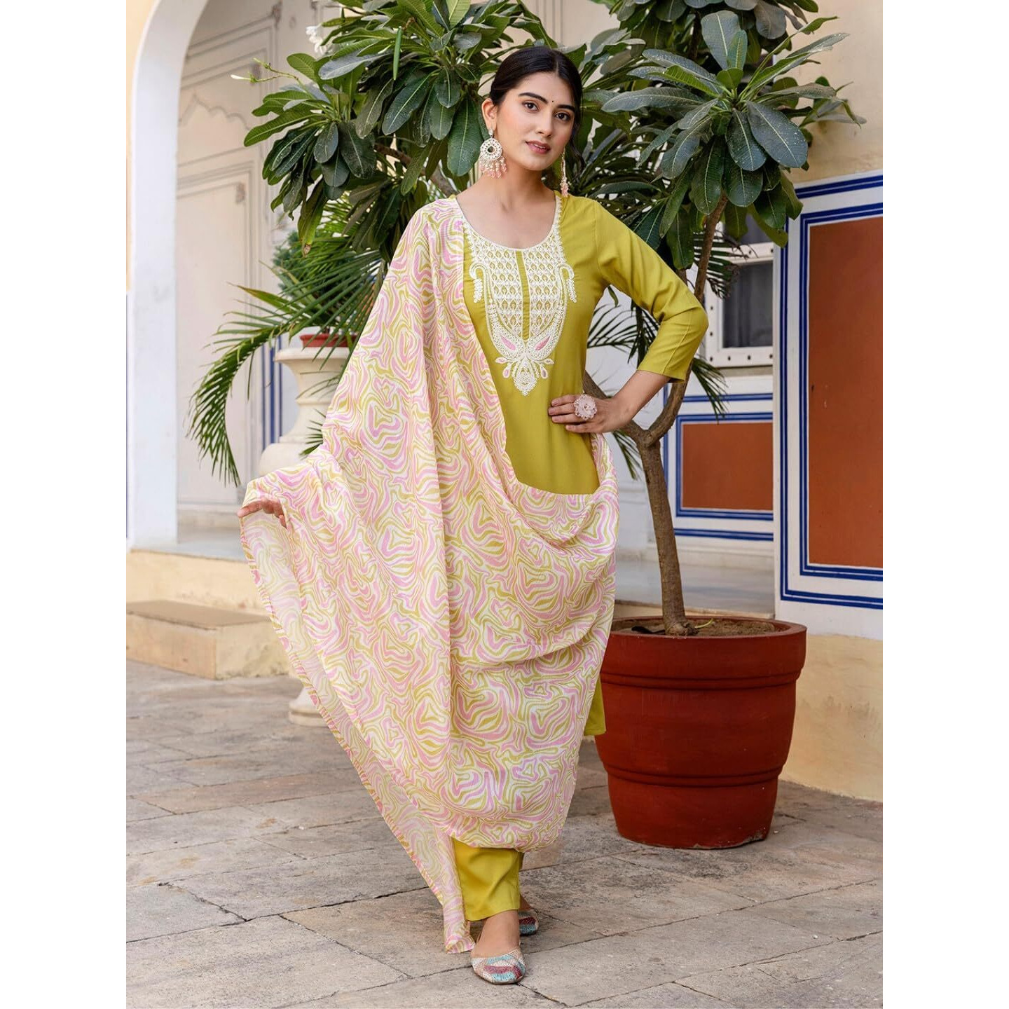 Navlik Women's Lemon Yellow Slub Magic Embroidered Straight Kurta with Slub Magic Pant and Chanderi Printed Dupatta Sets (NK-SRS-112)
