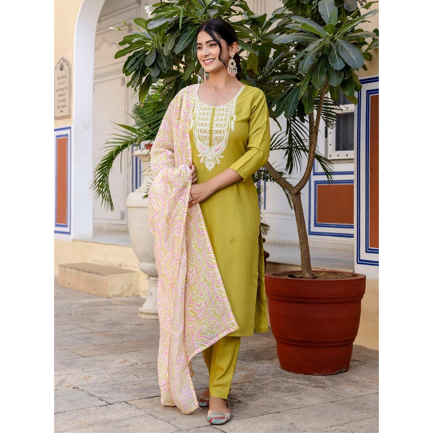 Navlik Women's Lemon Yellow Slub Magic Embroidered Straight Kurta with Slub Magic Pant and Chanderi Printed Dupatta Sets (NK-SRS-112)