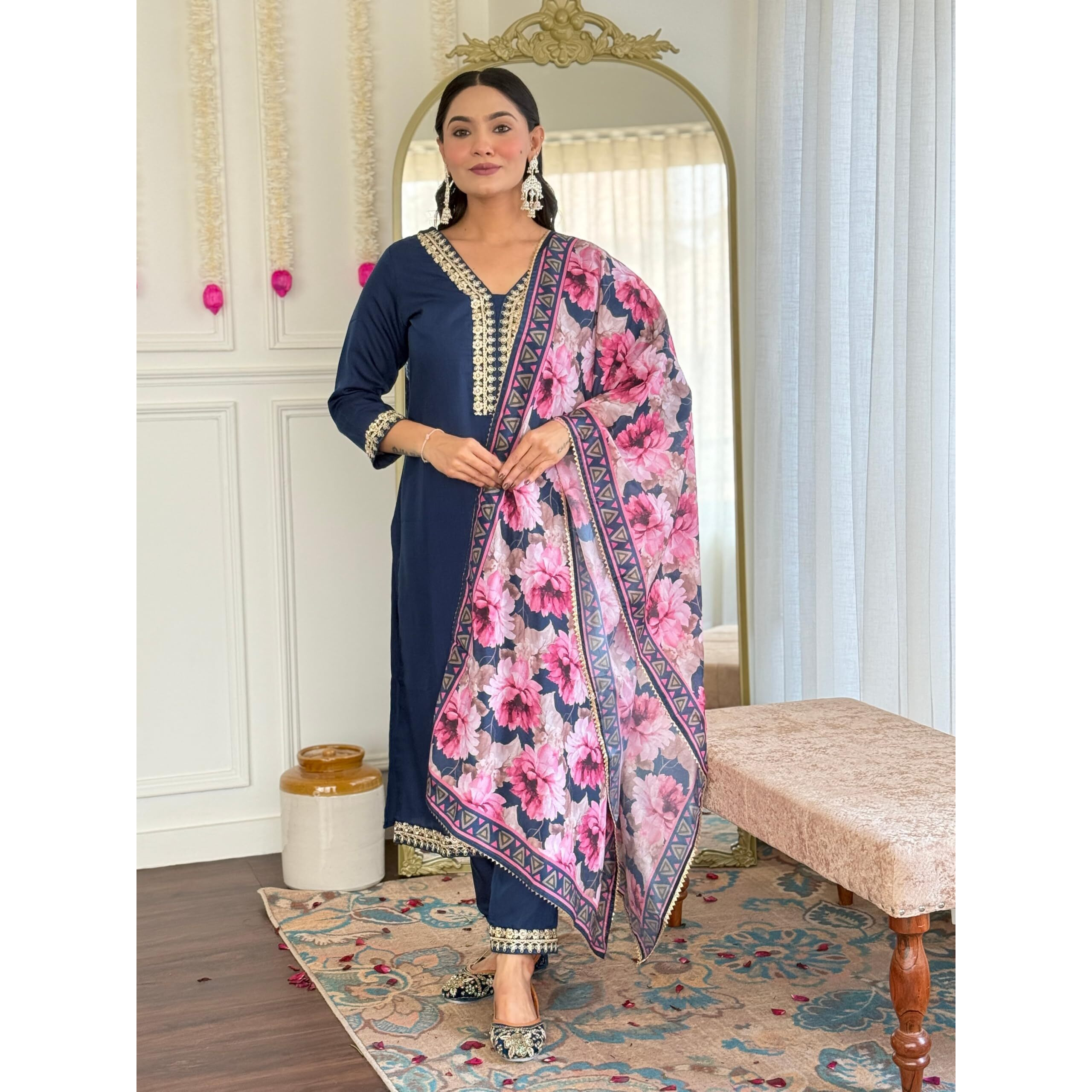 Navlik Women's Viscose Embroidered Straight Kurta with Pant and Dupatta Sets (SRS-114)