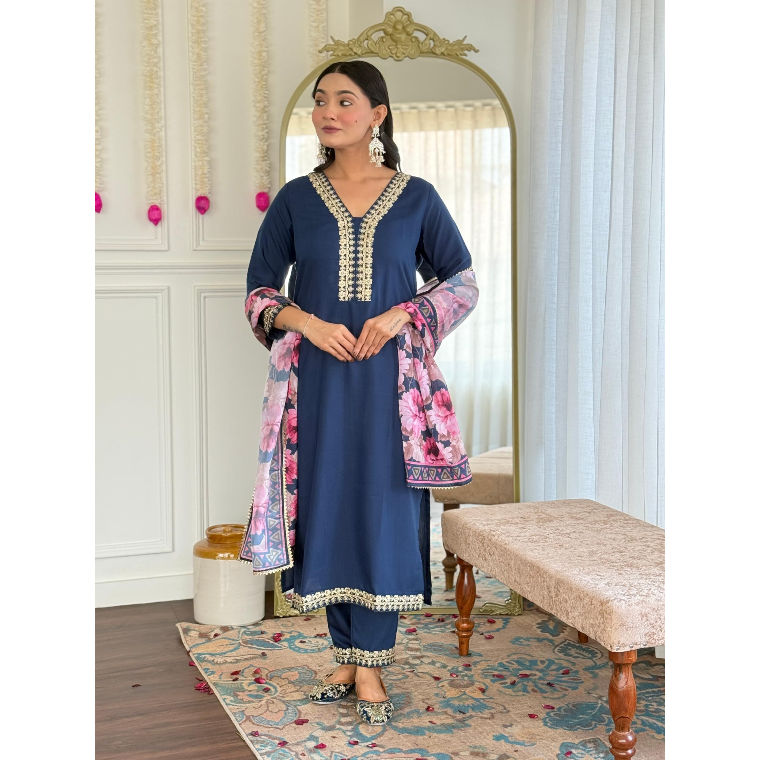 Navlik Women's Viscose Embroidered Straight Kurta with Pant and Dupatta Sets (SRS-114)