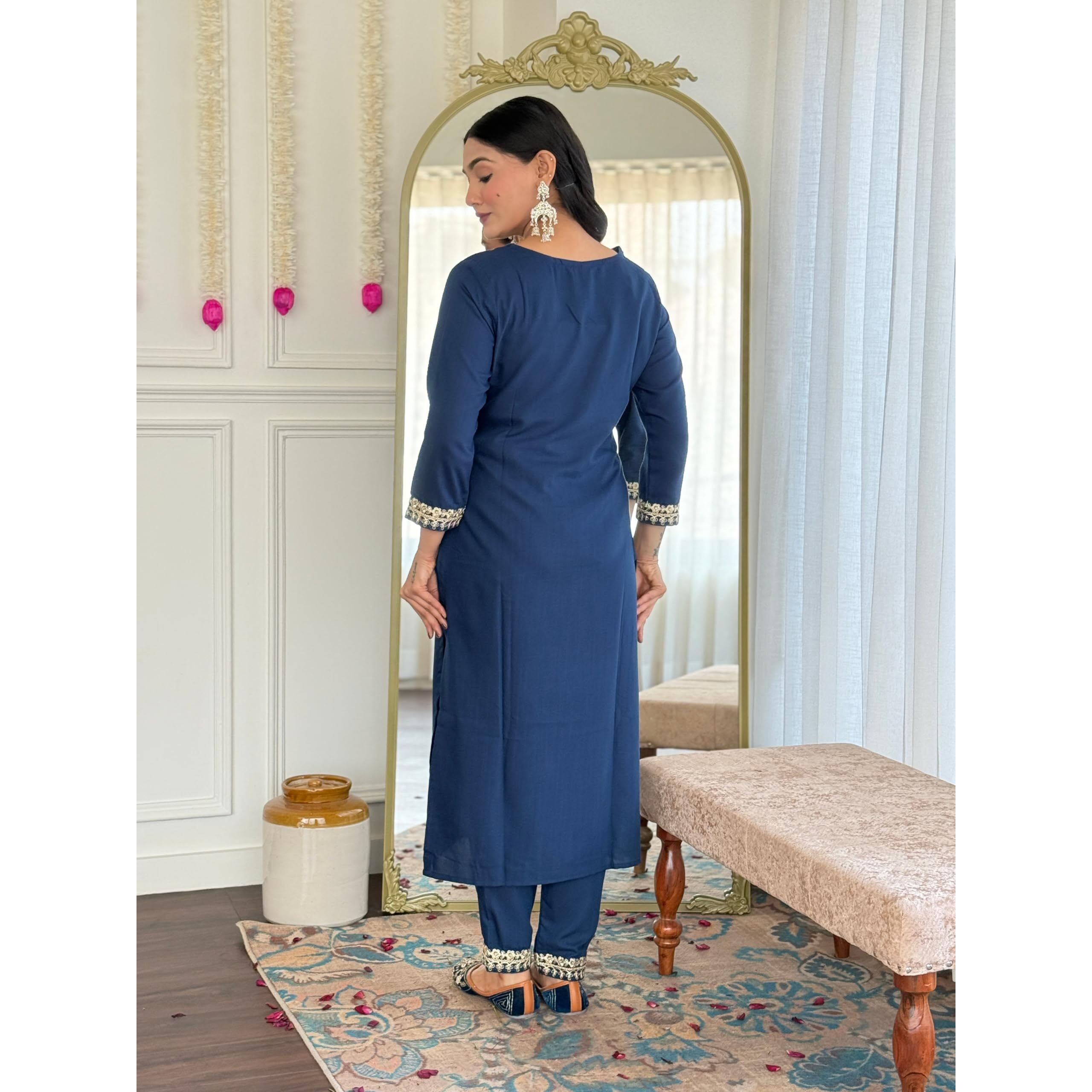 Navlik Women's Viscose Embroidered Straight Kurta with Pant and Dupatta Sets (SRS-114)