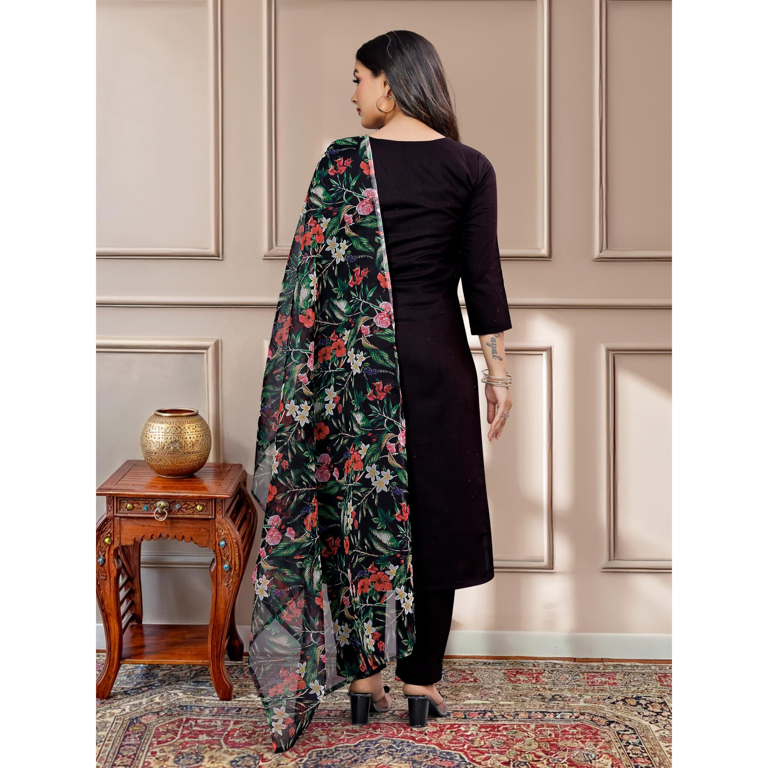 Navlik Women's Black Rayon Slub Embroidered Straight Kurta with Rayon Slub Pant and Taby Printed Dupatta Sets (NK-SRS-115-Black)