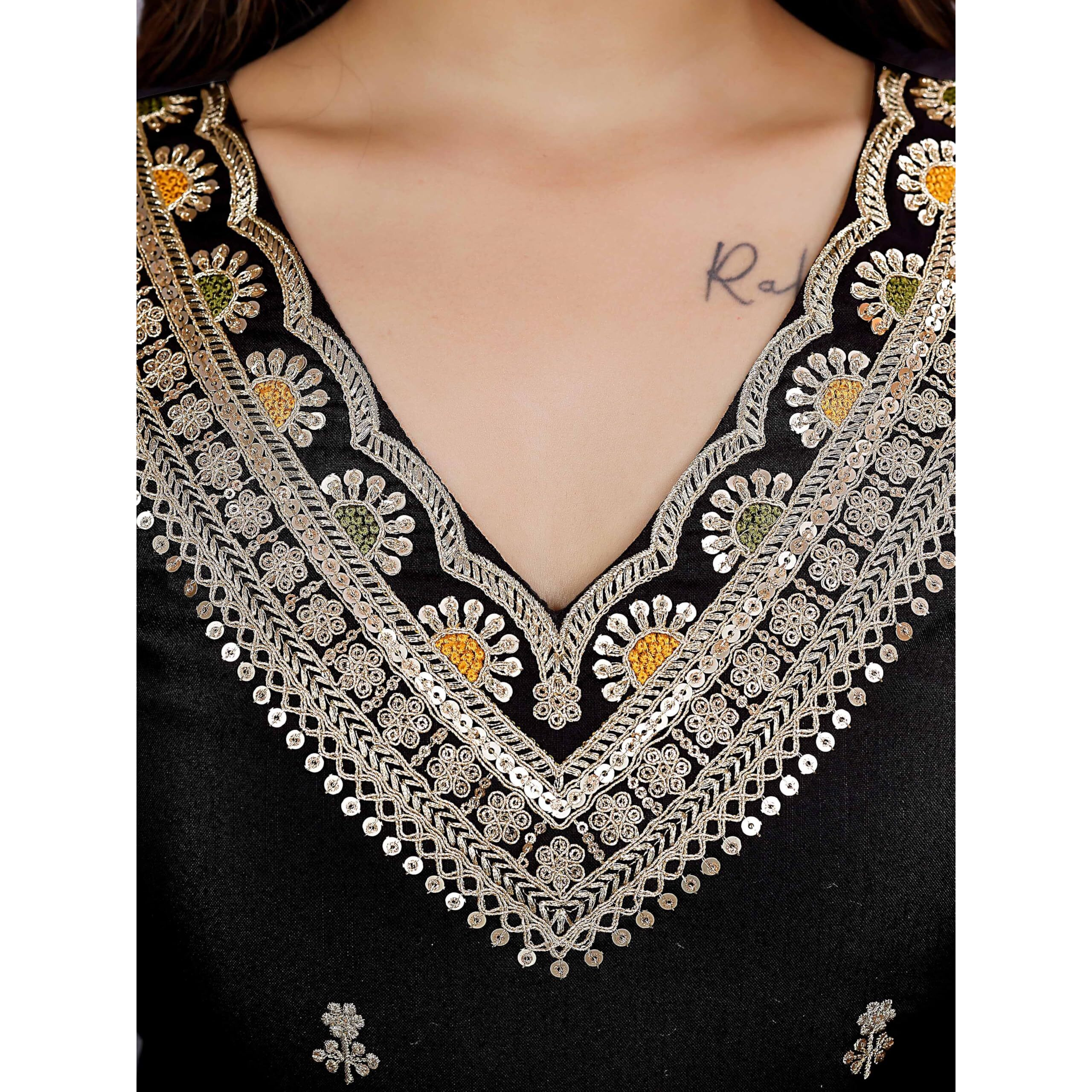 Navlik Women's Black Rayon Slub Embroidered Straight Kurta with Rayon Slub Pant and Taby Printed Dupatta Sets (NK-SRS-115-Black)