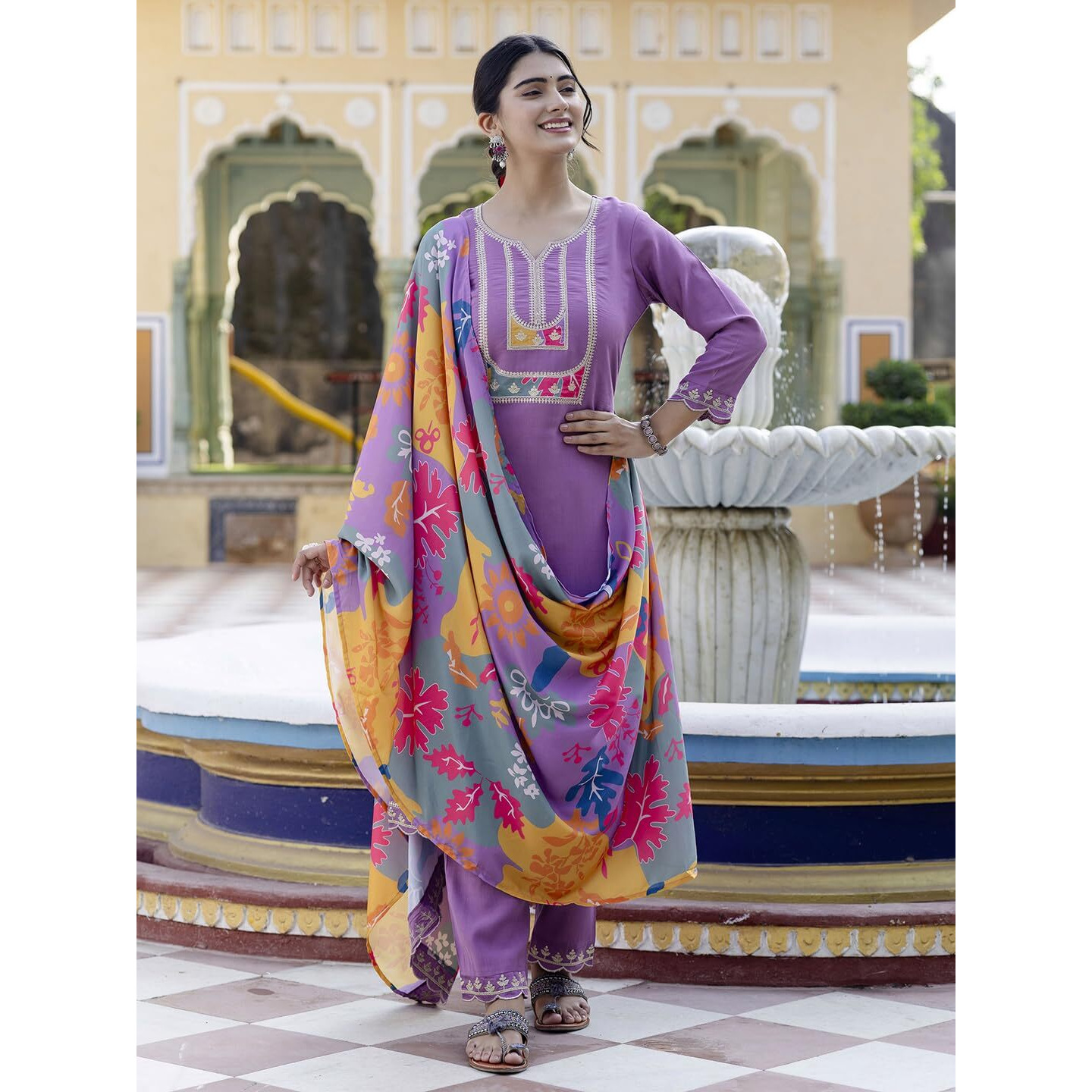 Navlik Women's Viscose Embroidered Straight Kurta with Pant and Dupatta Sets (SRS-116)