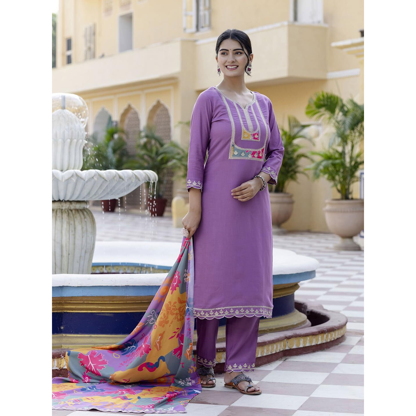 Navlik Women's Viscose Embroidered Straight Kurta with Pant and Dupatta Sets (SRS-116)