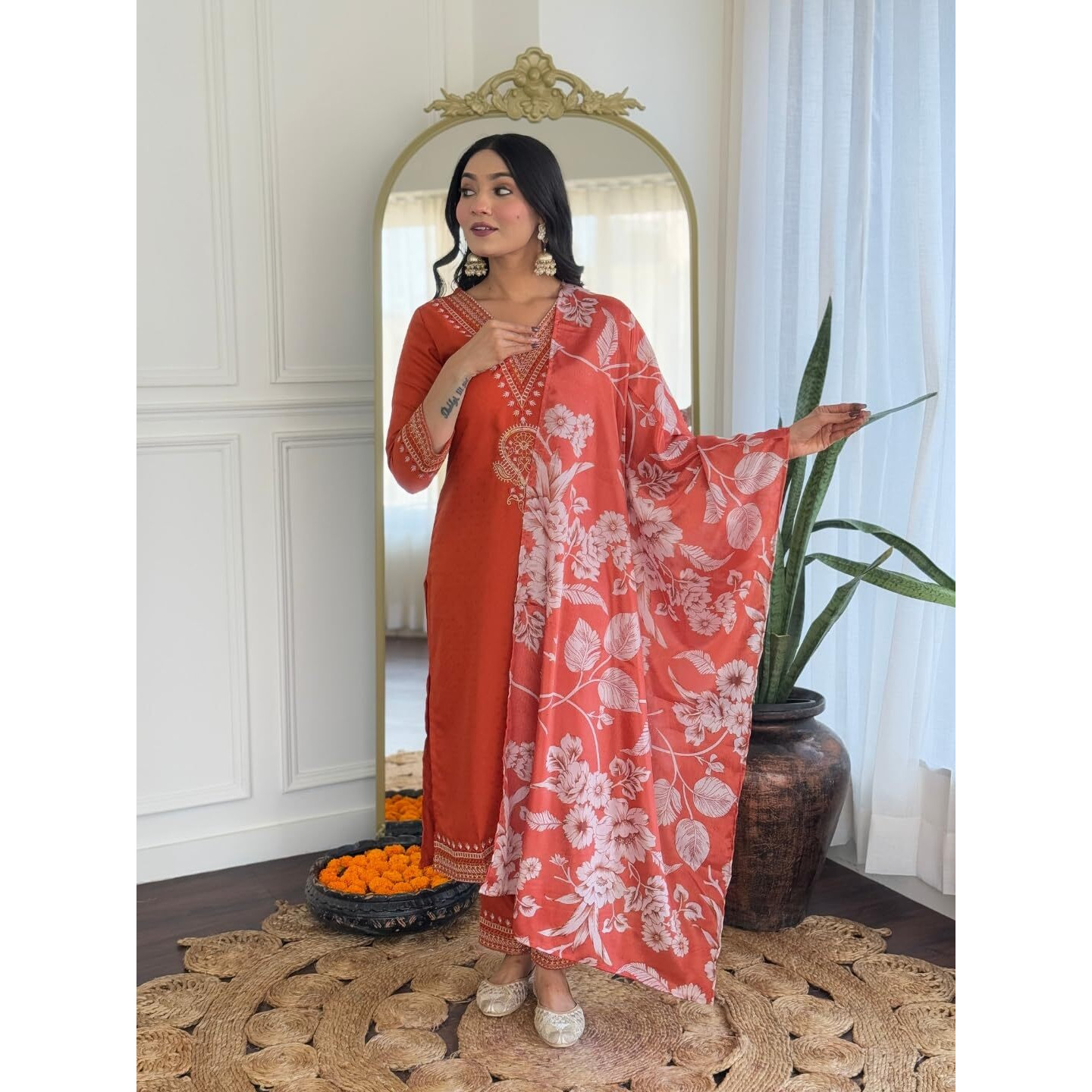 Navlik Women's Viscose Rayon Embroidered Straight Kurta with Pant and Dupatta Sets (SRS-117)