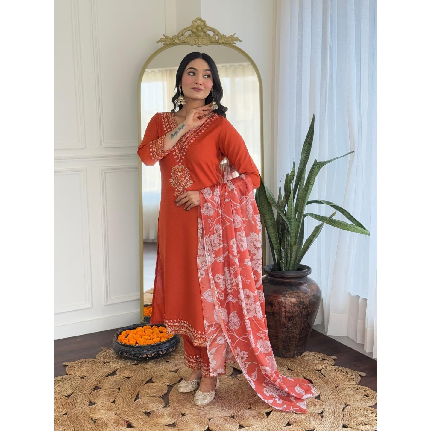 Navlik Women's Viscose Rayon Embroidered Straight Kurta with Pant and Dupatta Sets (SRS-117)