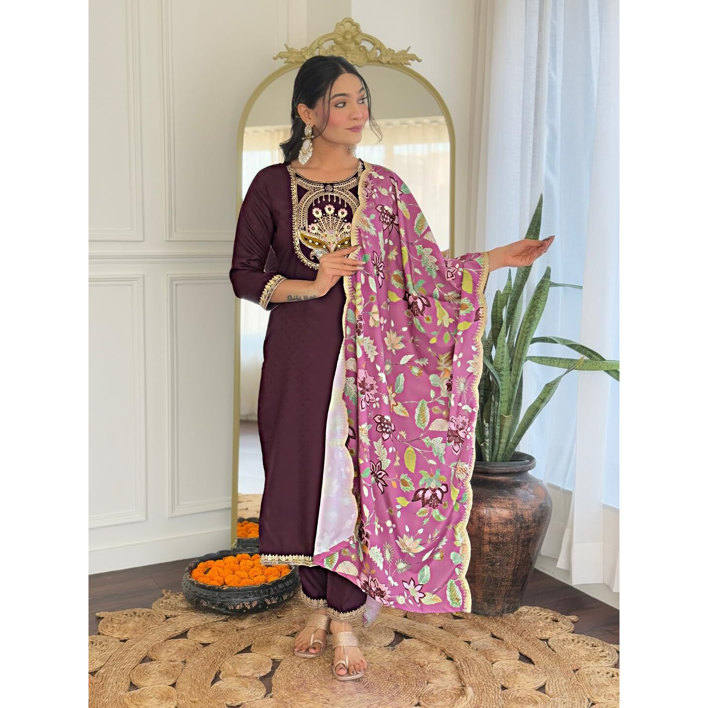 Navlik Women's Viscose Rayon Embroidered Straight Kurta with Pant and Dupatta Sets (SRS-130)